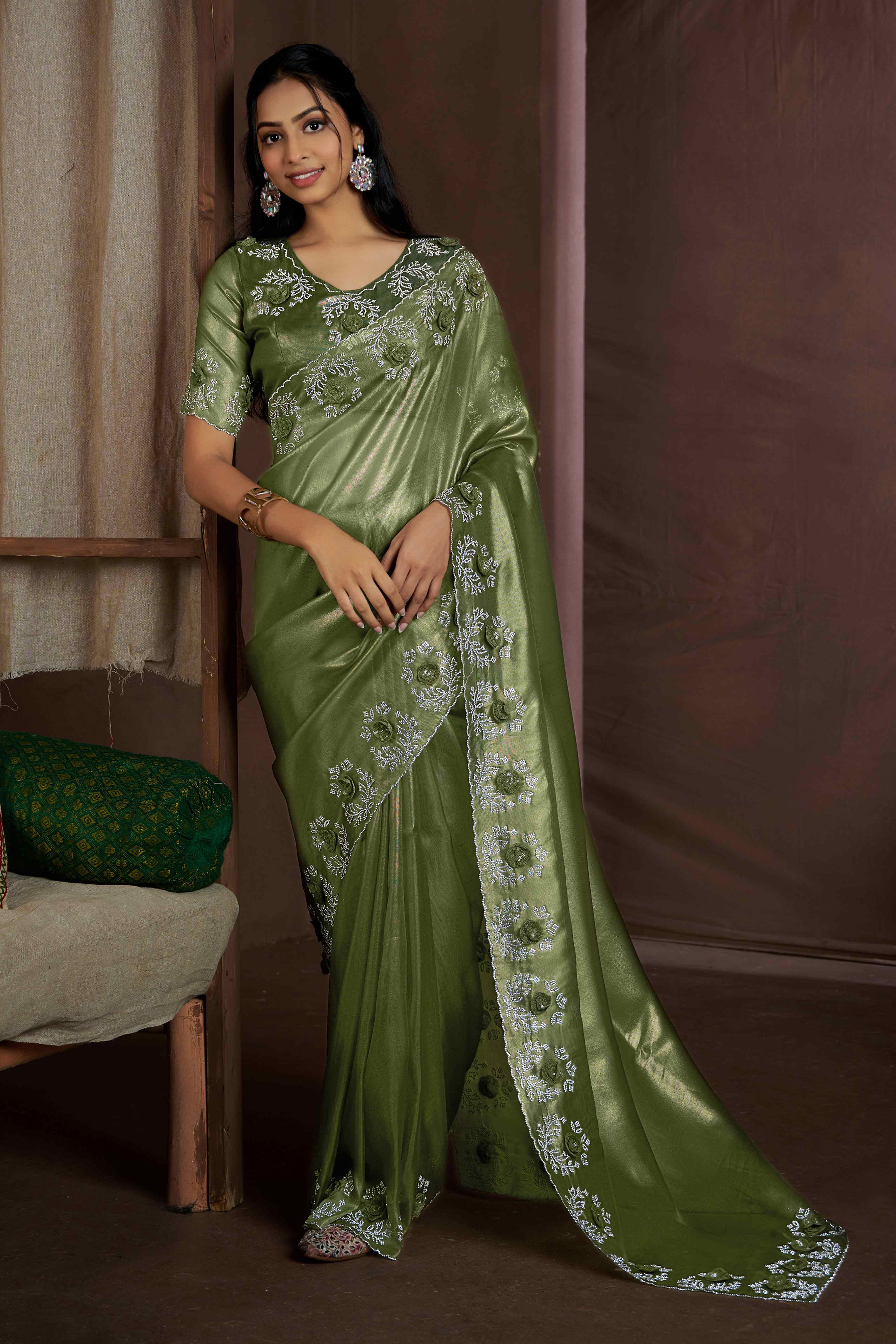 Green Floral Sequins With Zarkan Work Organza Saree
