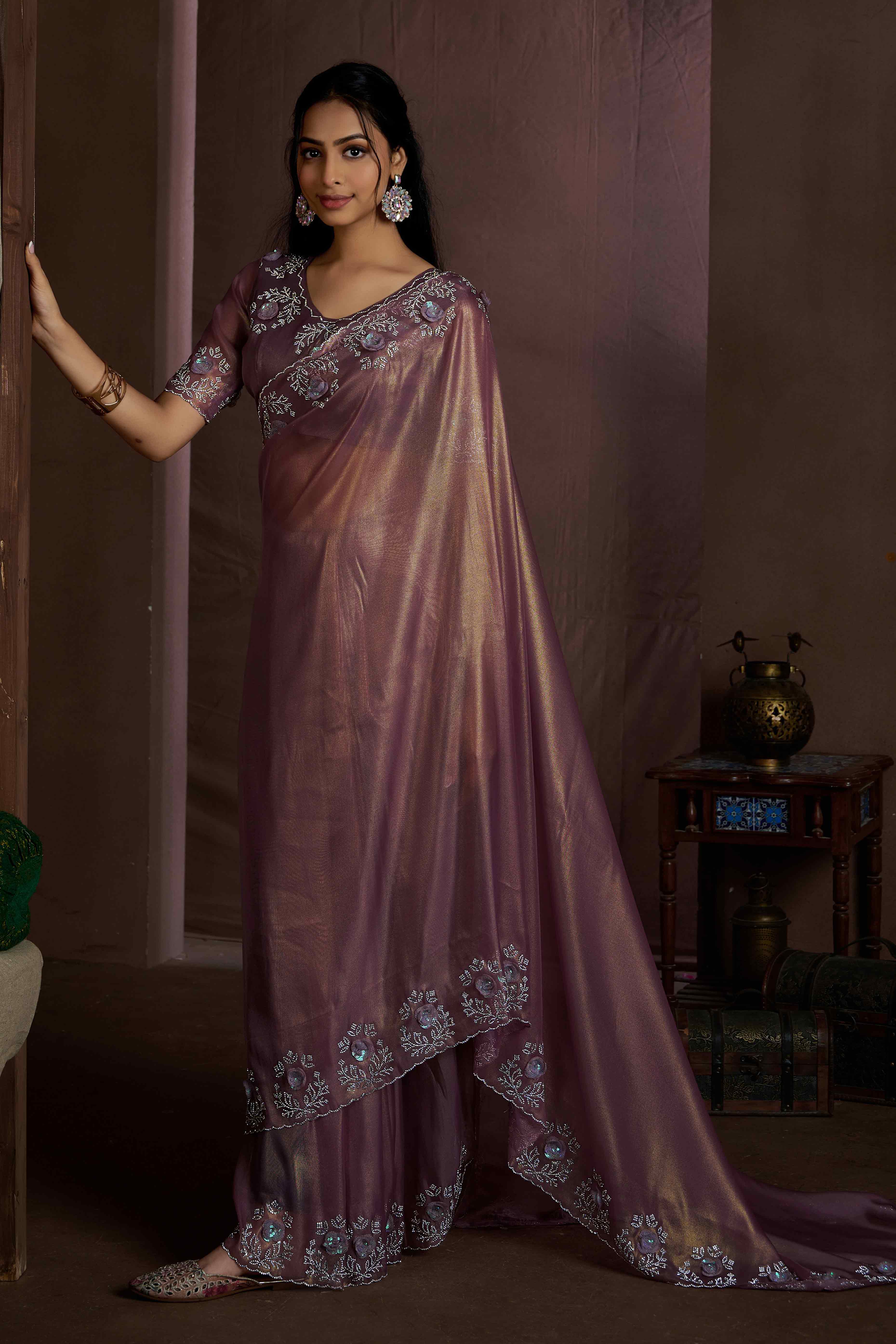 Wine Floral Sequins With Zarkan Work Organza Saree