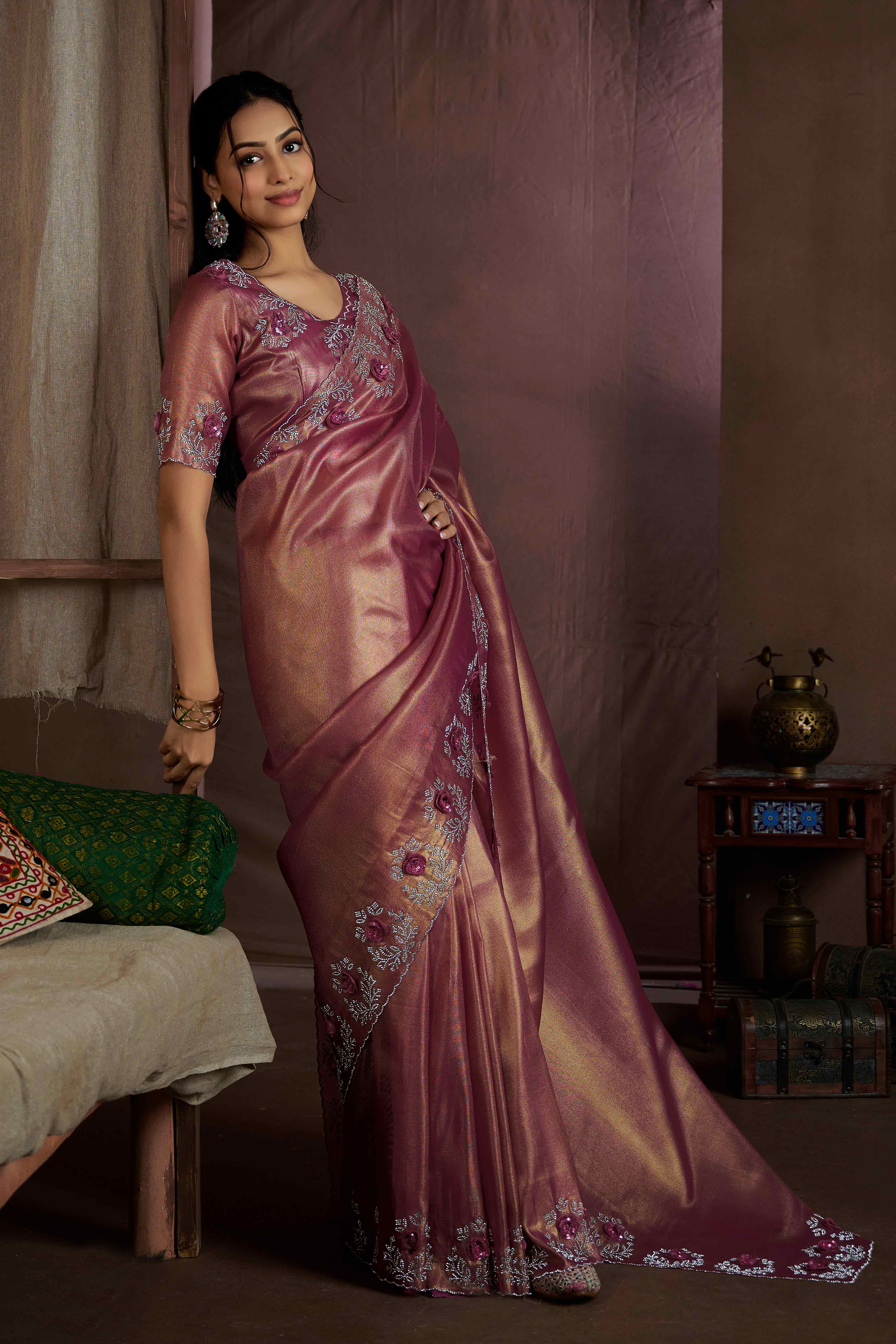 Onion Pink Floral Sequins With Zarkan Work Organza Saree