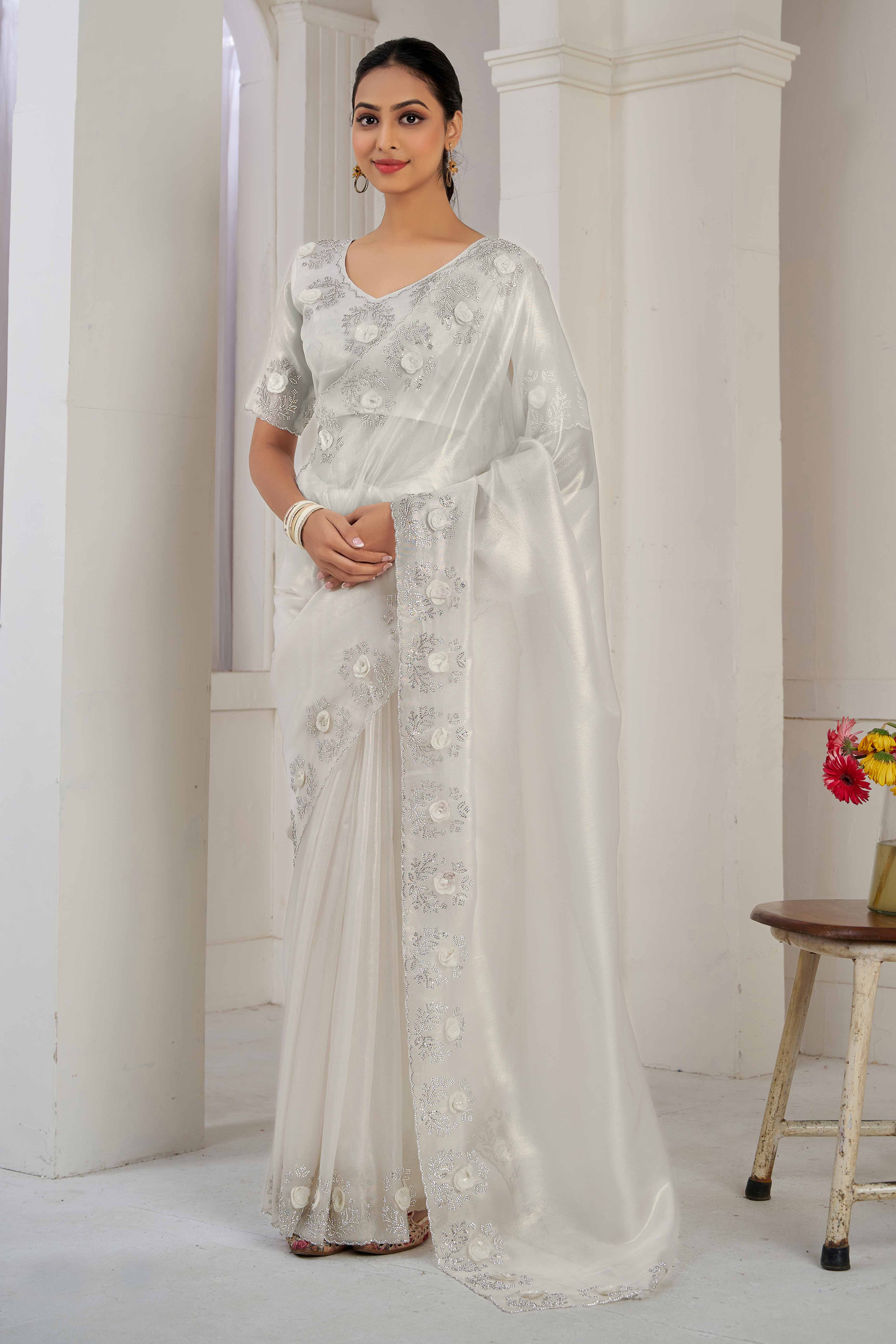 White Floral Sequins With Zarkan Work Organza Saree