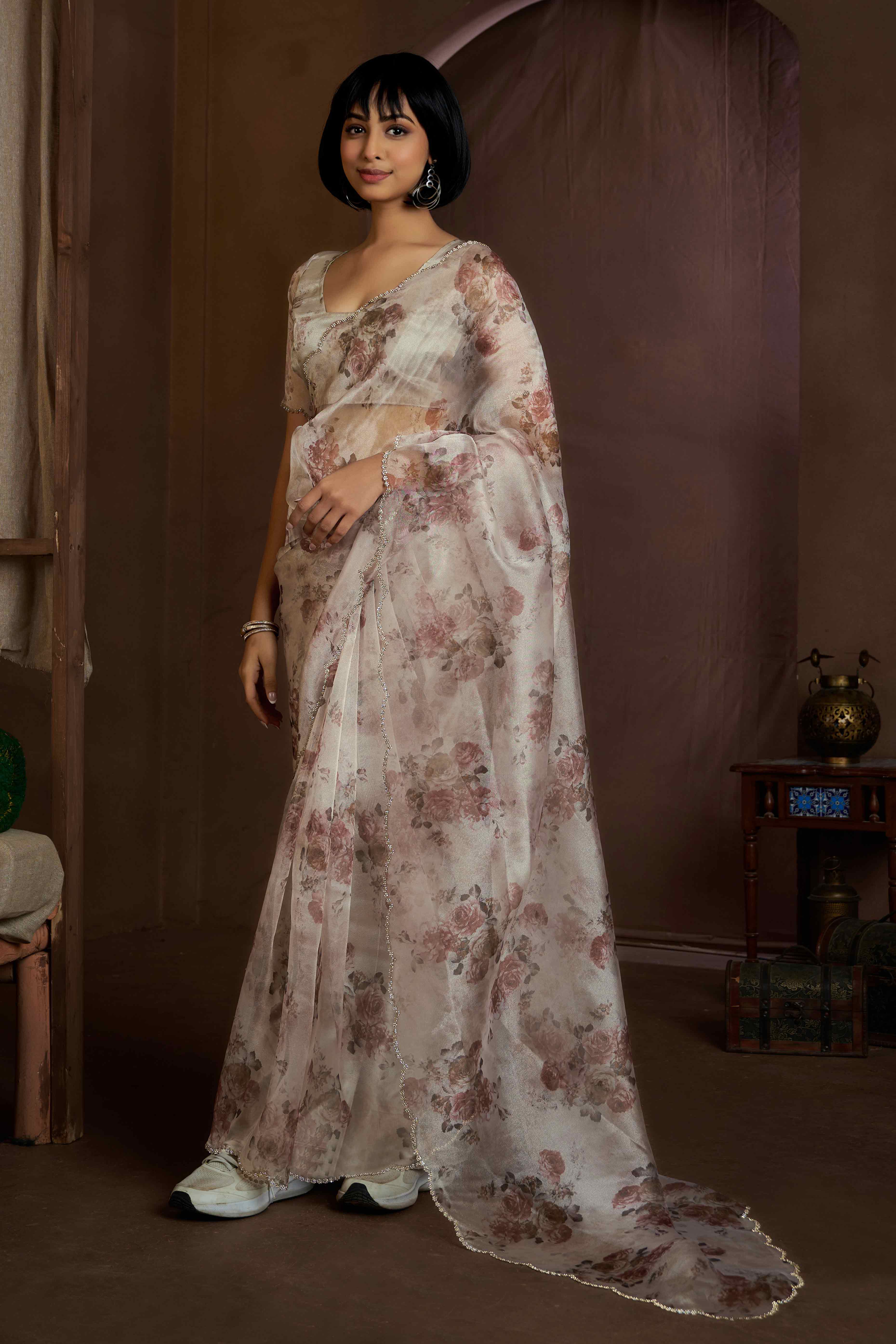 White Floral Printed Soft Organza Saree With Stone Work Border