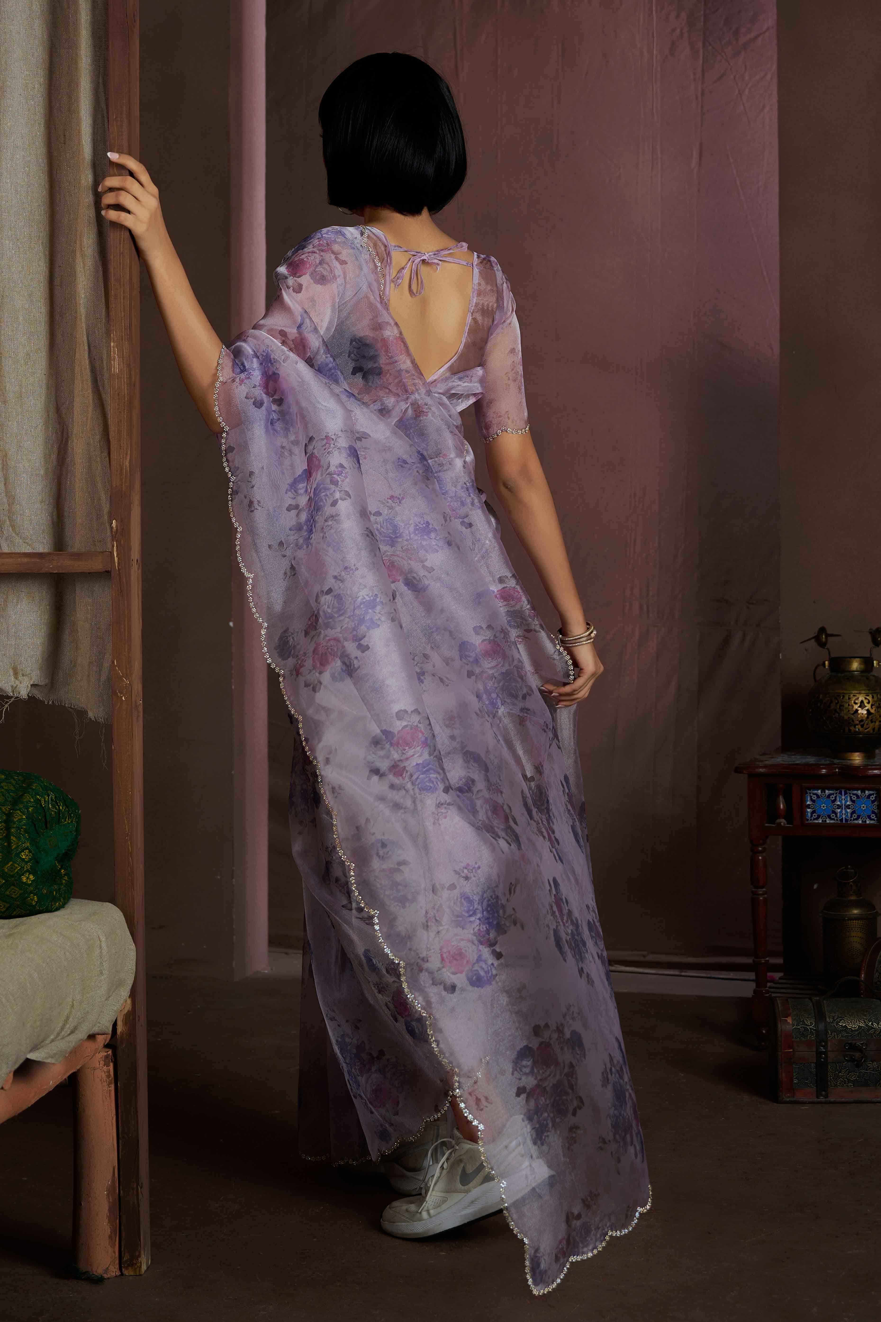 Purple Floral Printed Soft Organza Saree With Stone Work Border
