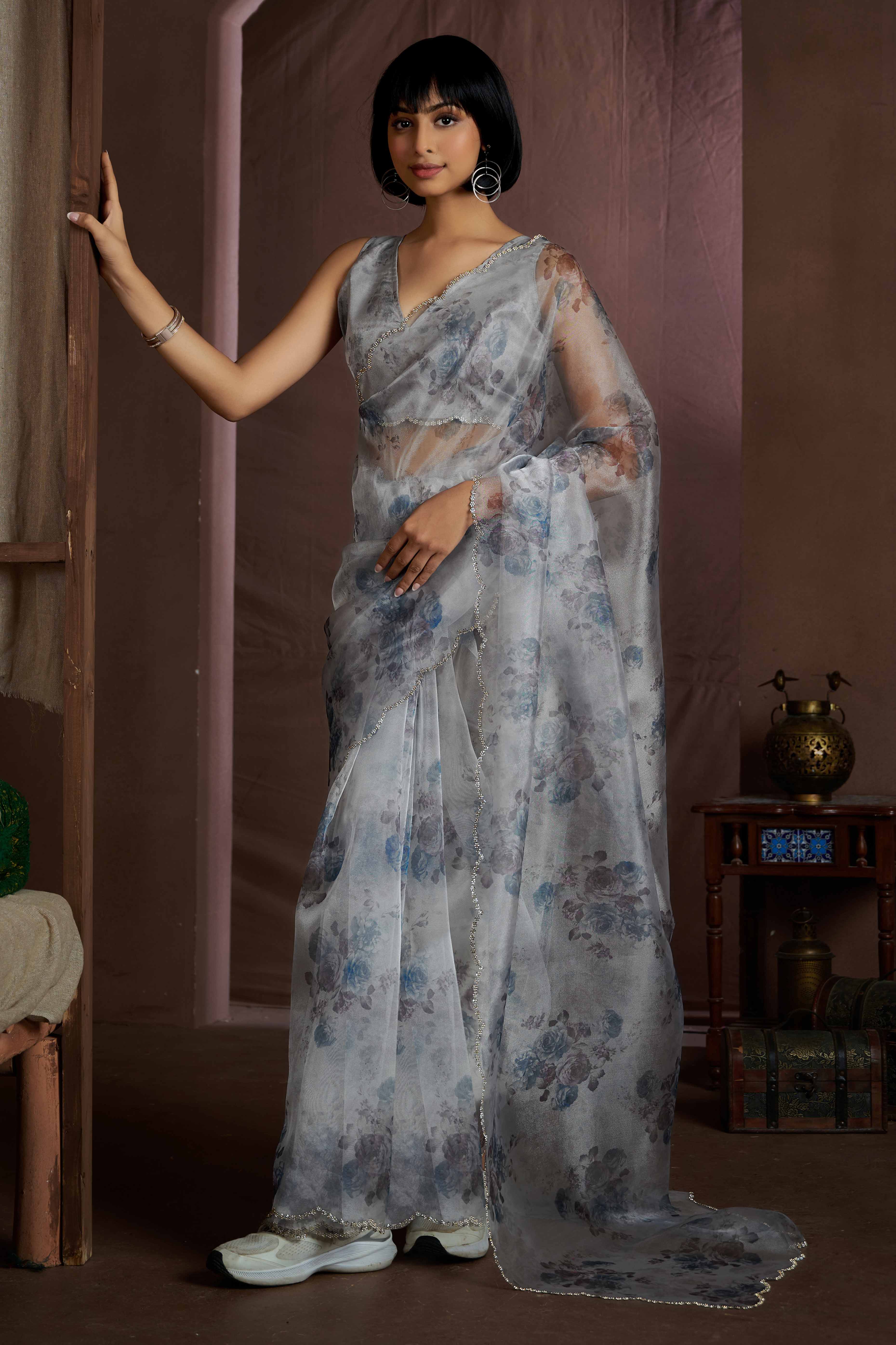Grey Floral Printed Soft Organza Saree With Stone Work Border