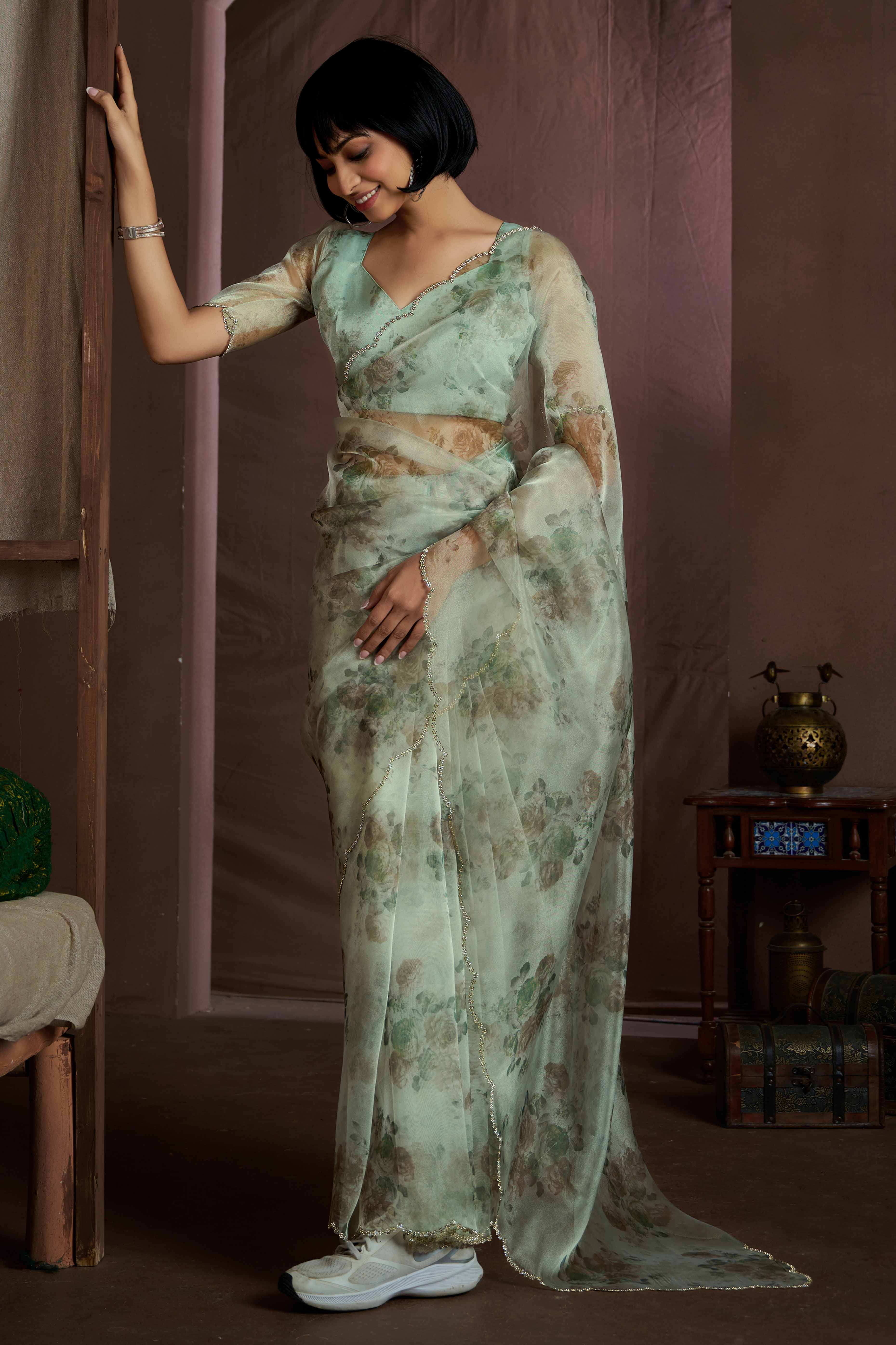 Sea Green Floral Printed Soft Organza Saree With Stone Work Border