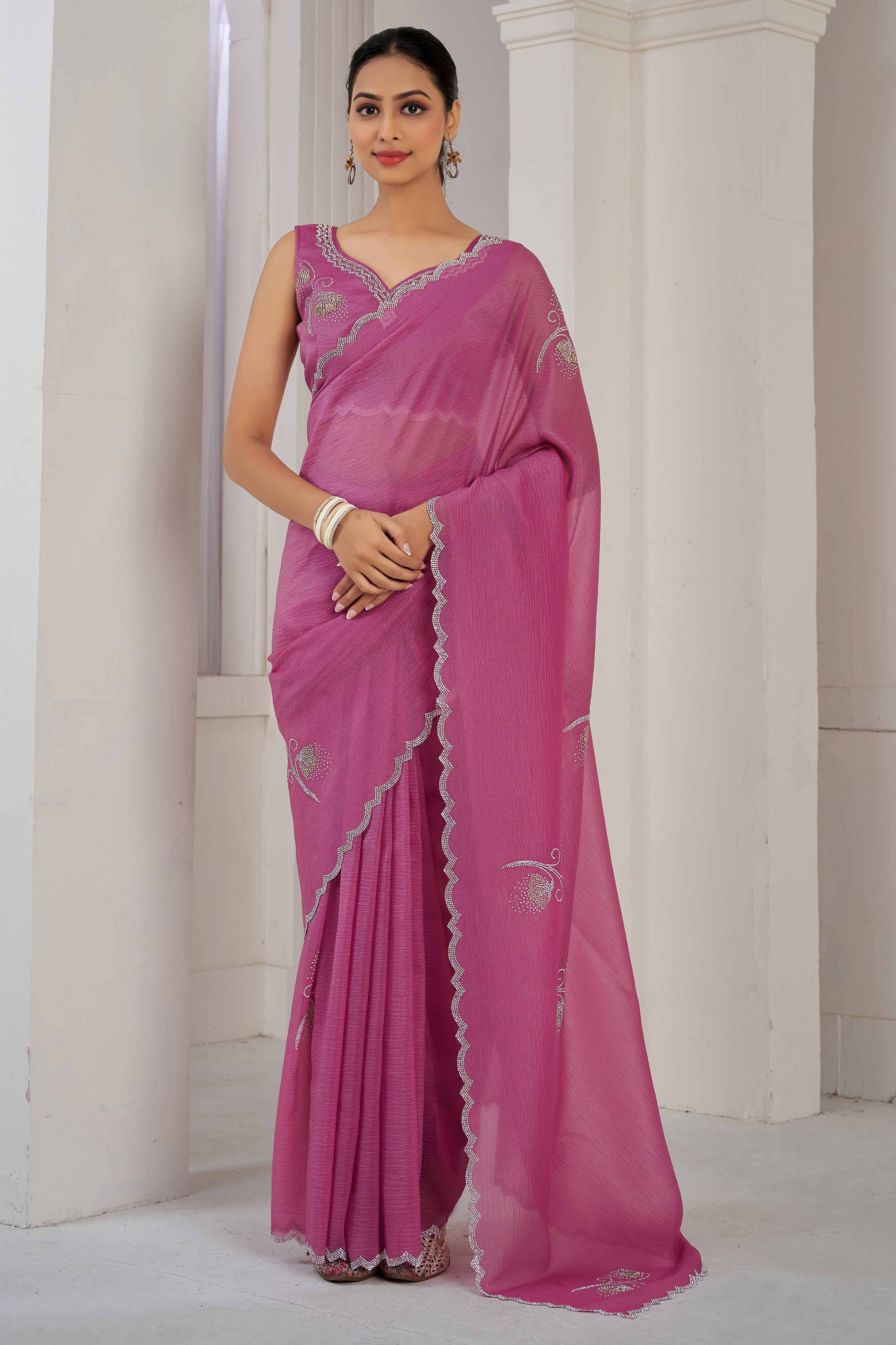 Pink Stone Work Embroidered Crepe Silk Saree