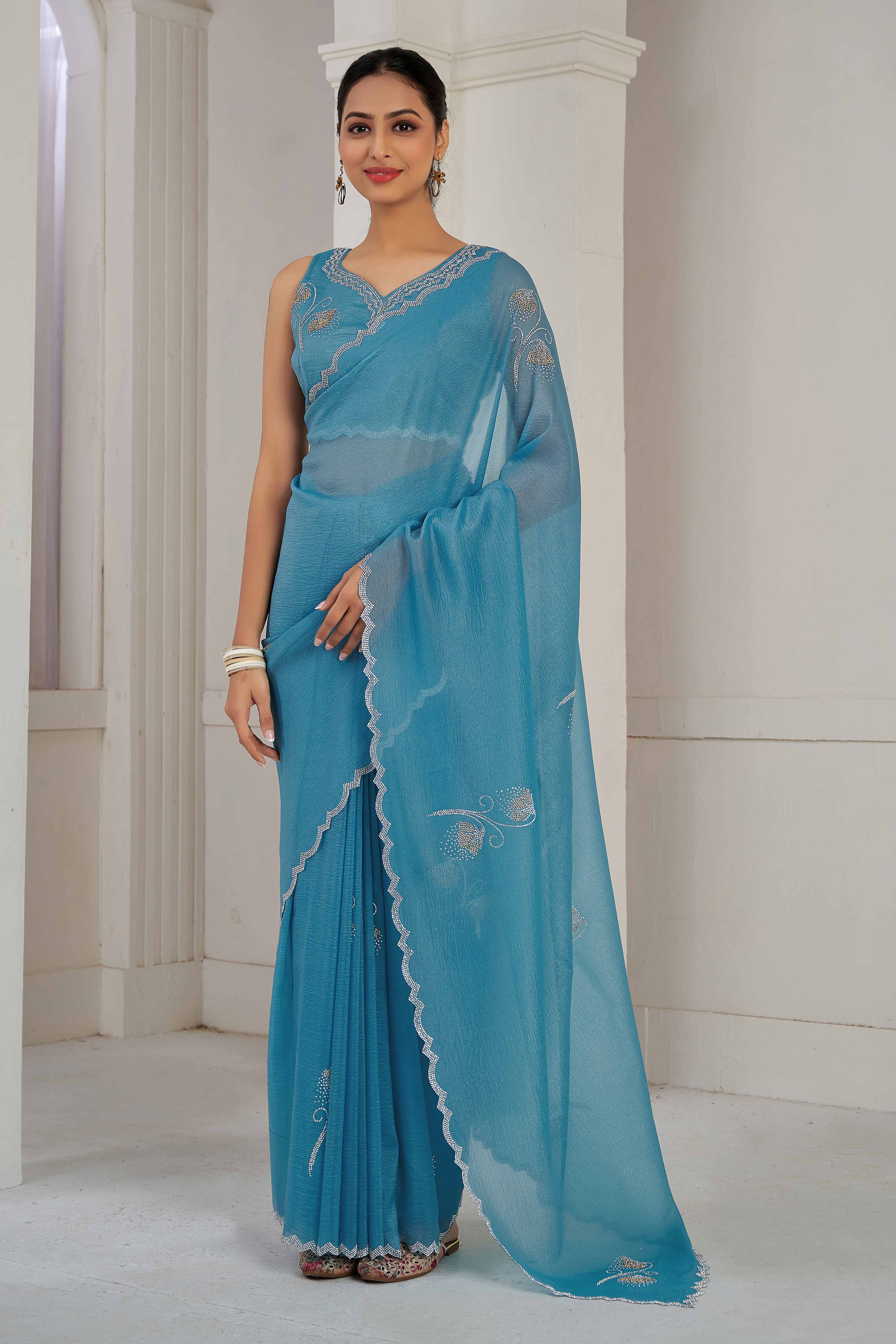 Sky Blue Stone Work Embroidered Crepe Silk Saree