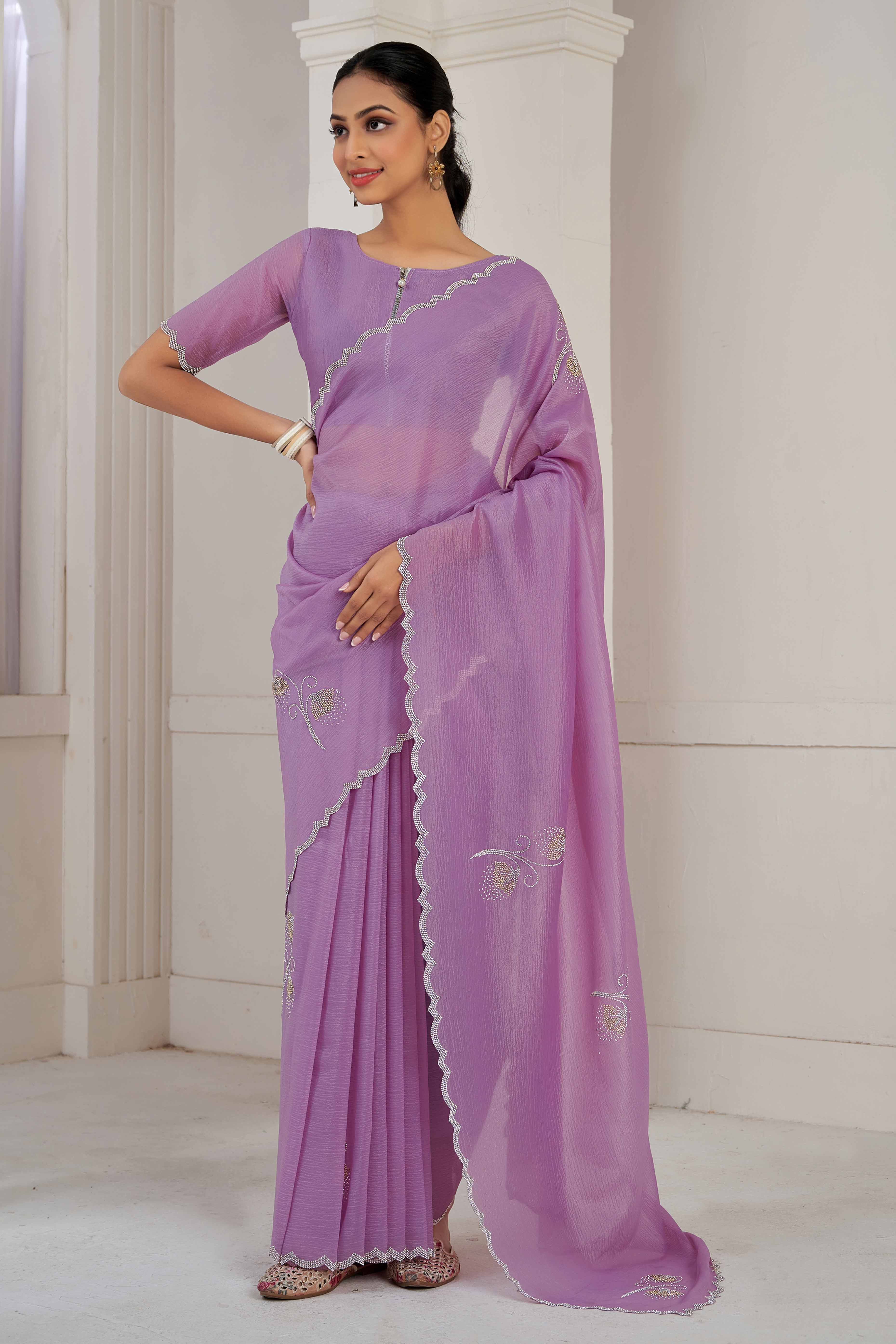 Purple Stone Work Embroidered Crepe Silk Saree