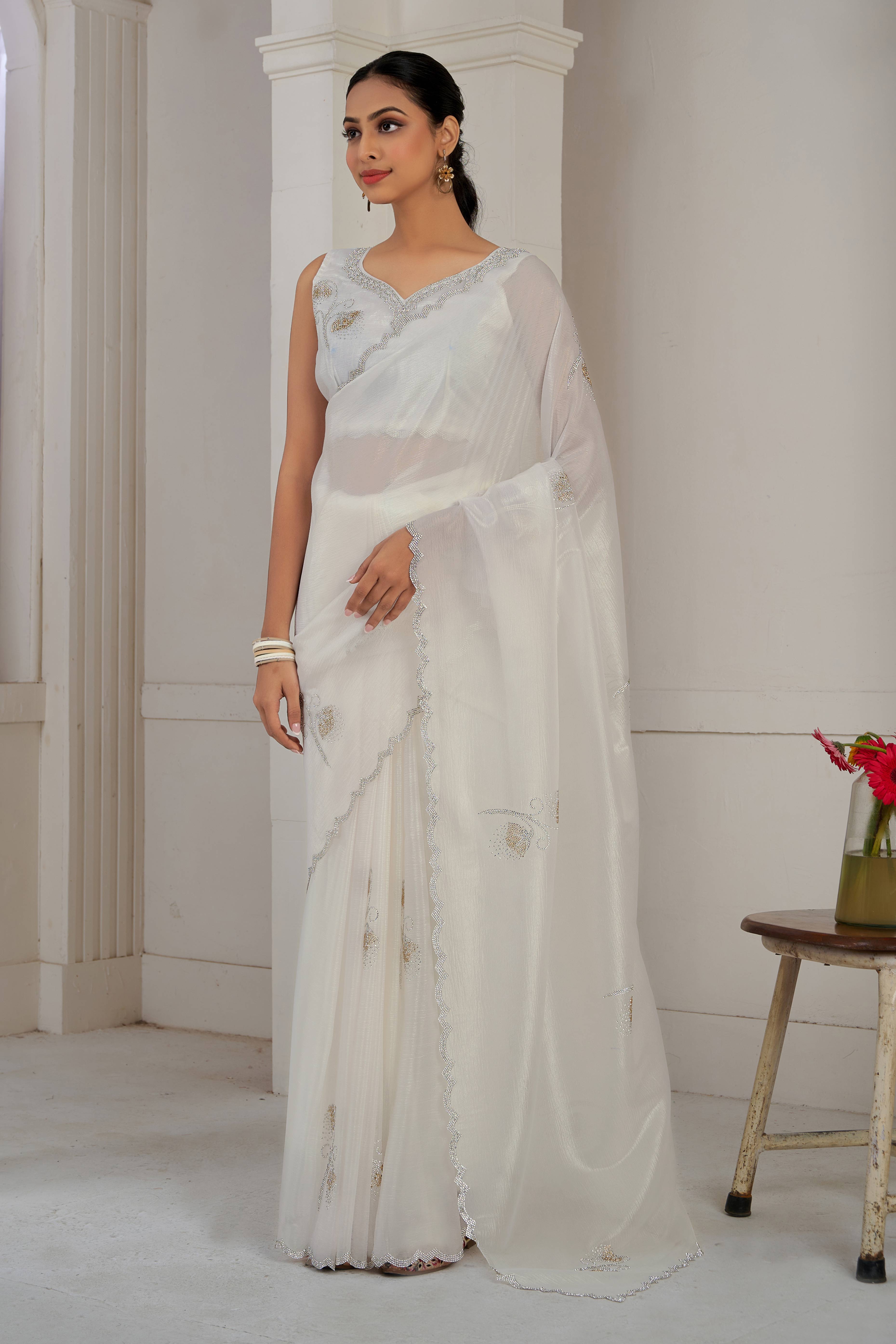 White Stone Work Embroidered Crepe Silk Saree