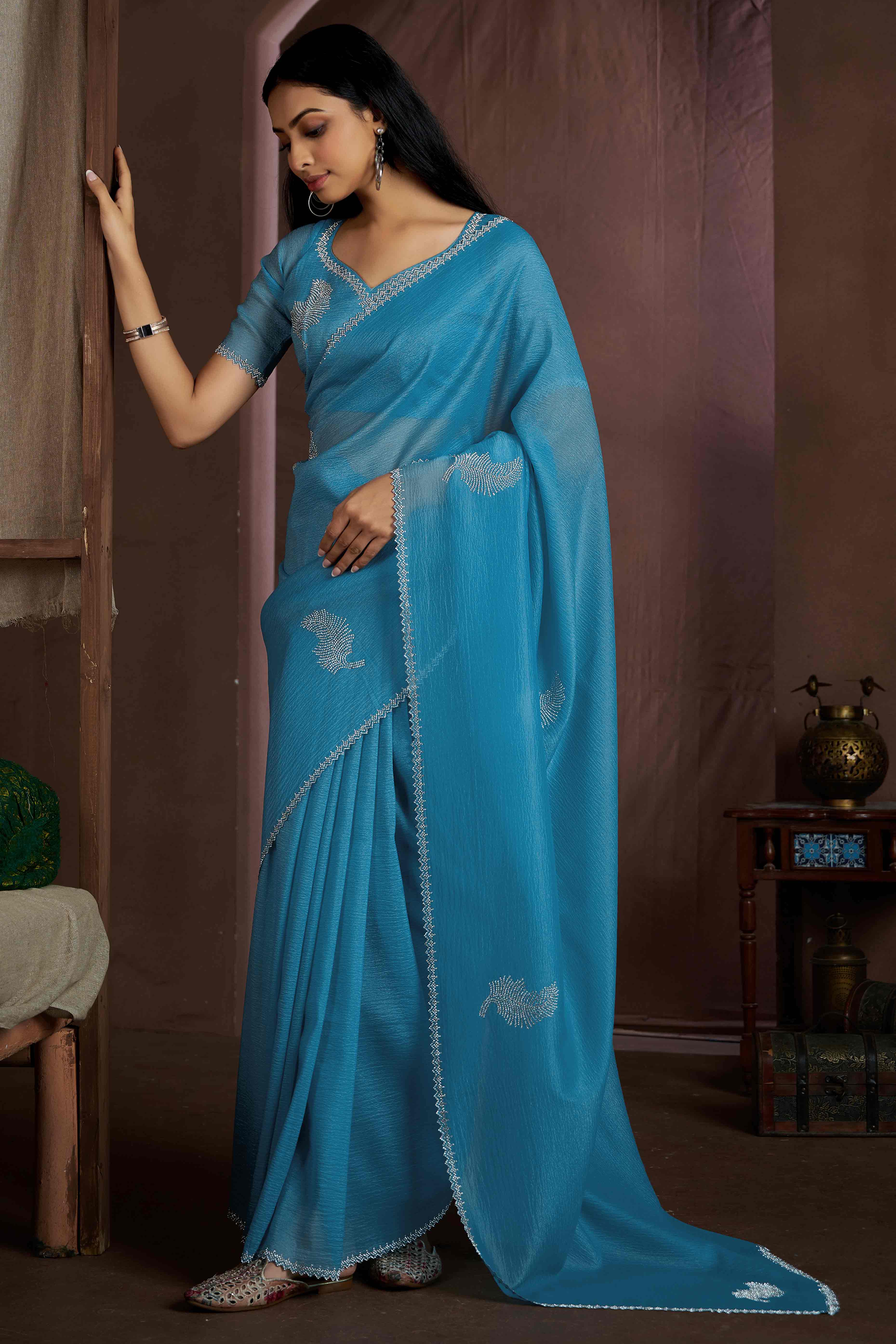 Sky Blue Stone Work Embroidered Pure Silk Saree