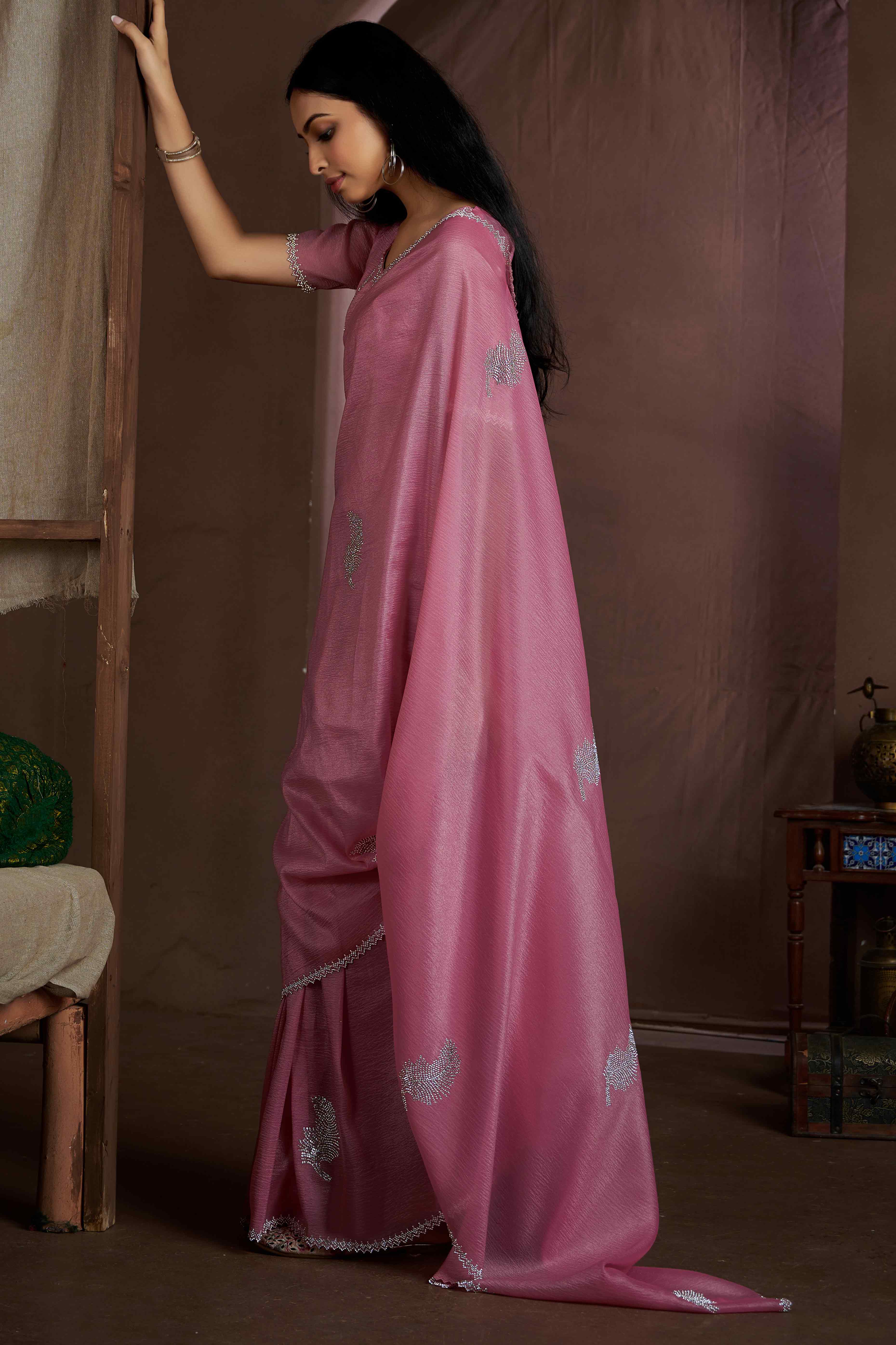 Onion Pink Stone Work Embroidered Pure Silk Saree