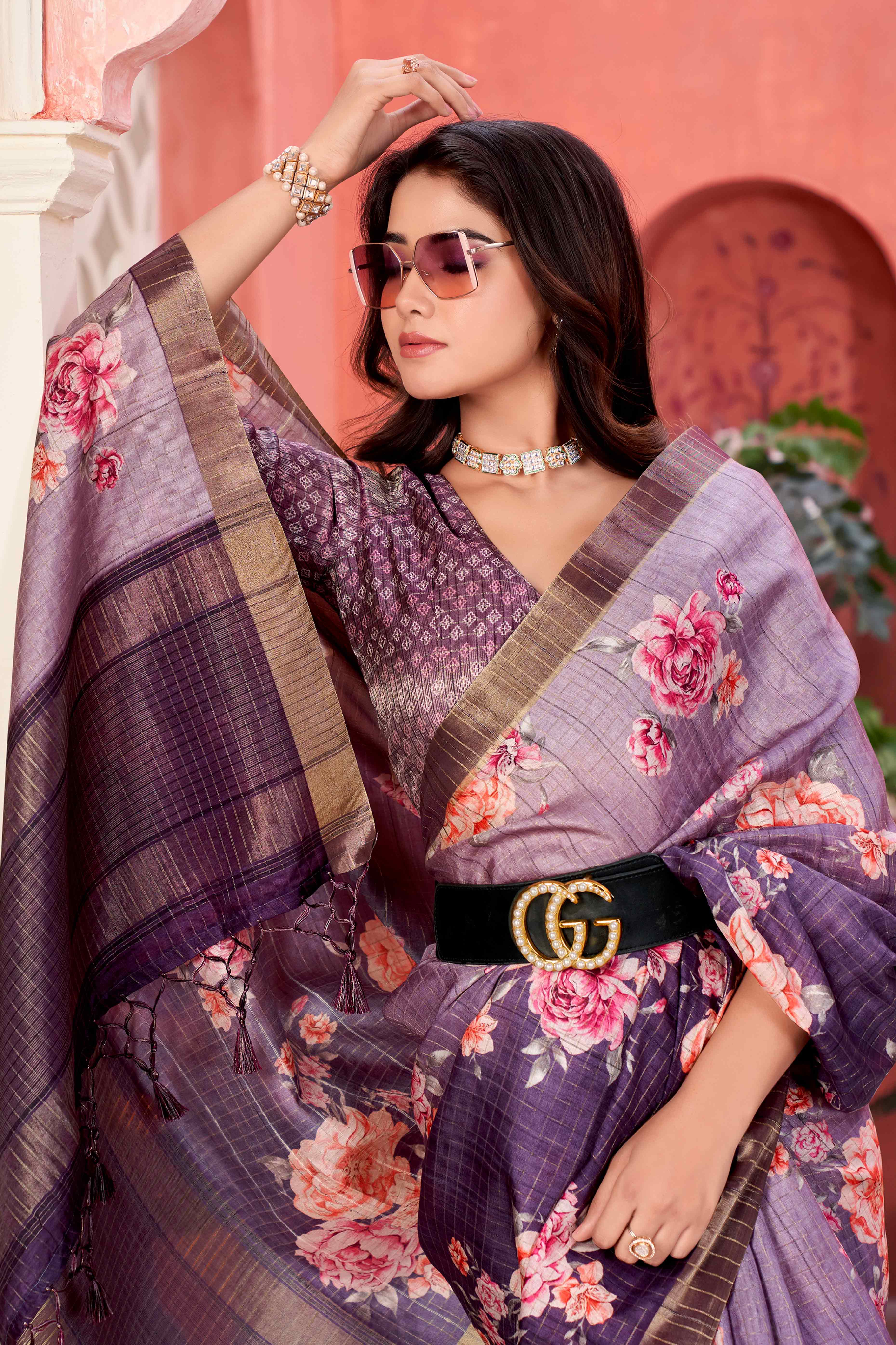 Purple Floral Soft Silk Blend Saree with Digital Prints