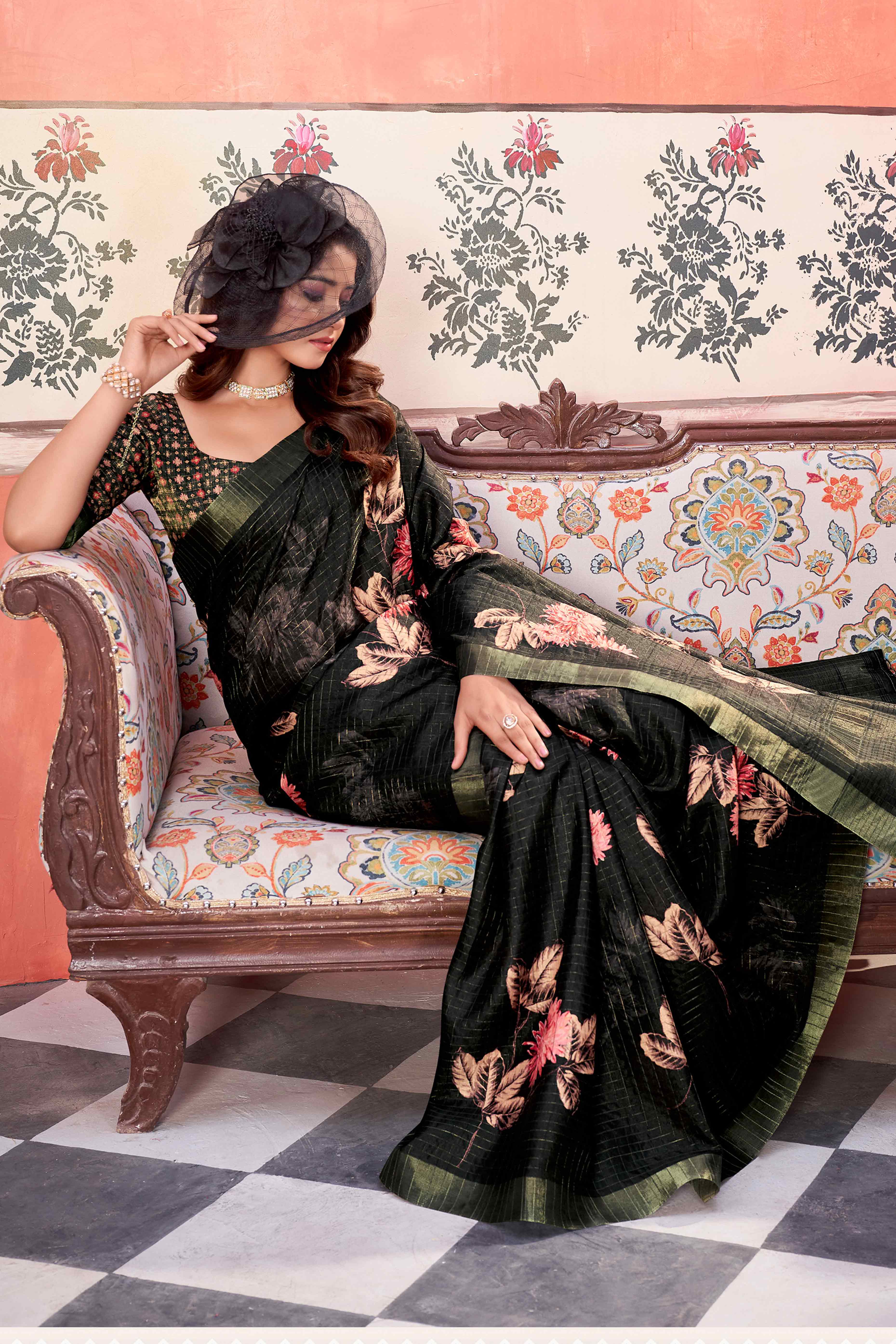 Black Floral Soft Silk Blend Saree with Digital Prints