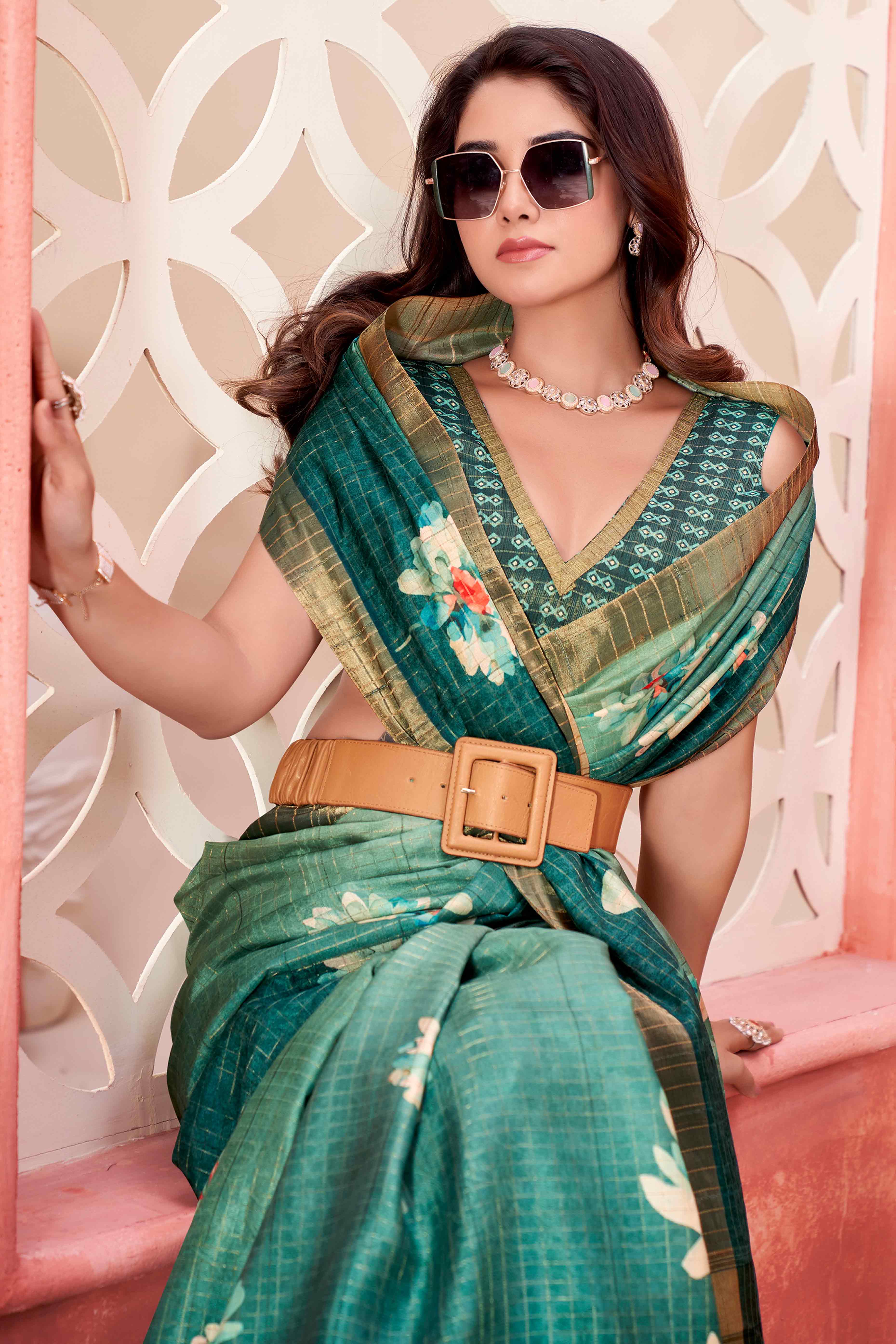 Sea Green Floral Soft Silk Blend Saree with Digital Prints