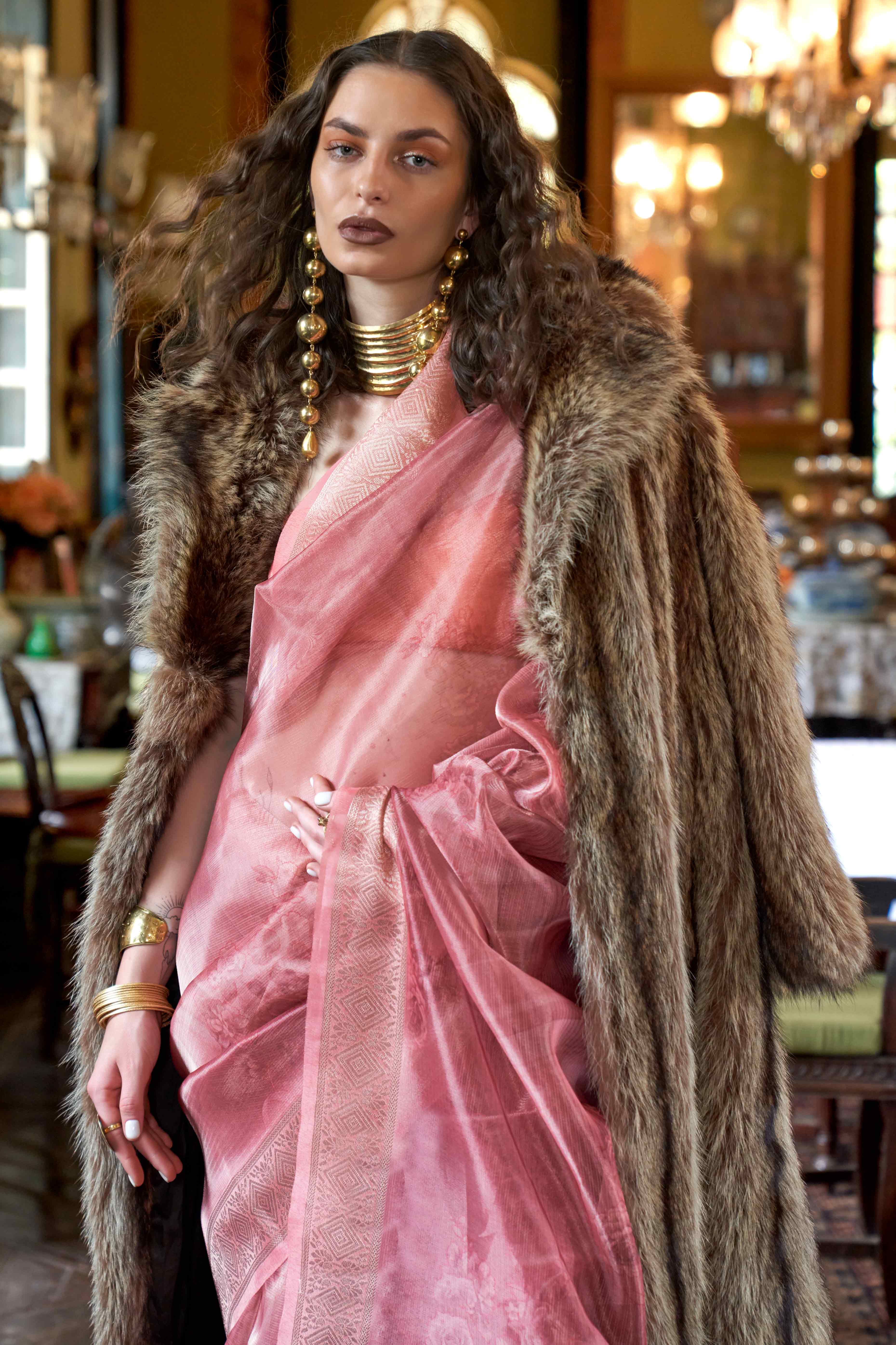 Peach Digital Printed Organza Saree With Woven Border