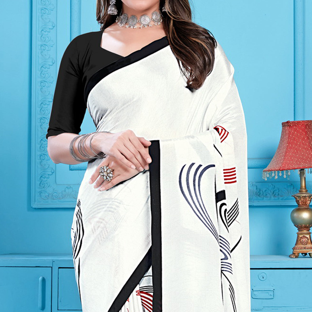 White Printed Crepe Silk Saree