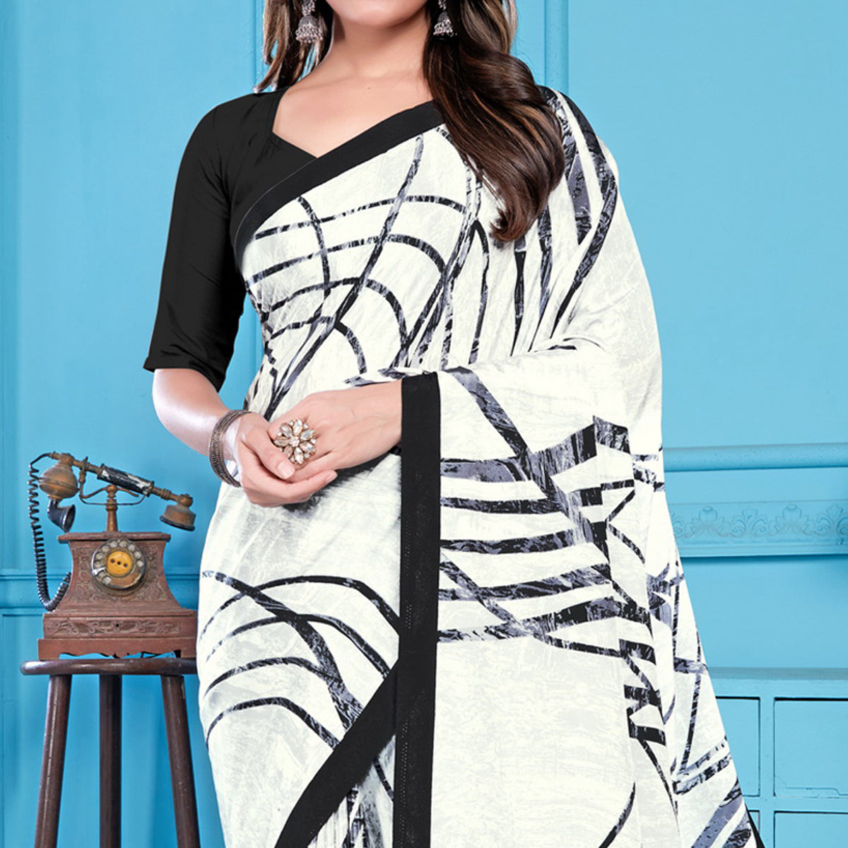 White Abstract Printed Crepe Silk Saree