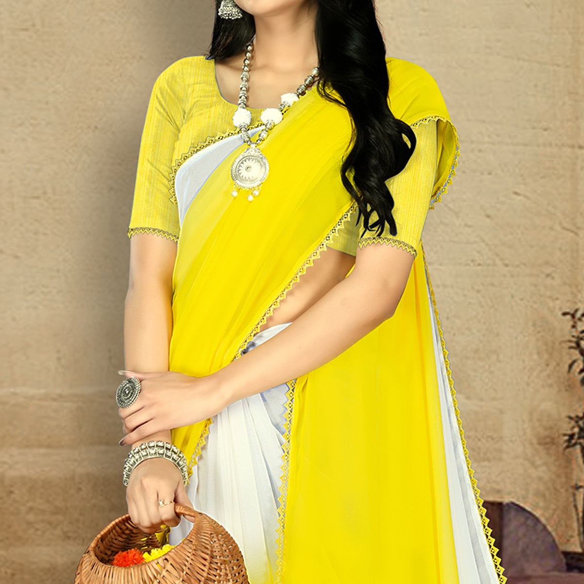 Yellow Solid Ombre Georgette Saree