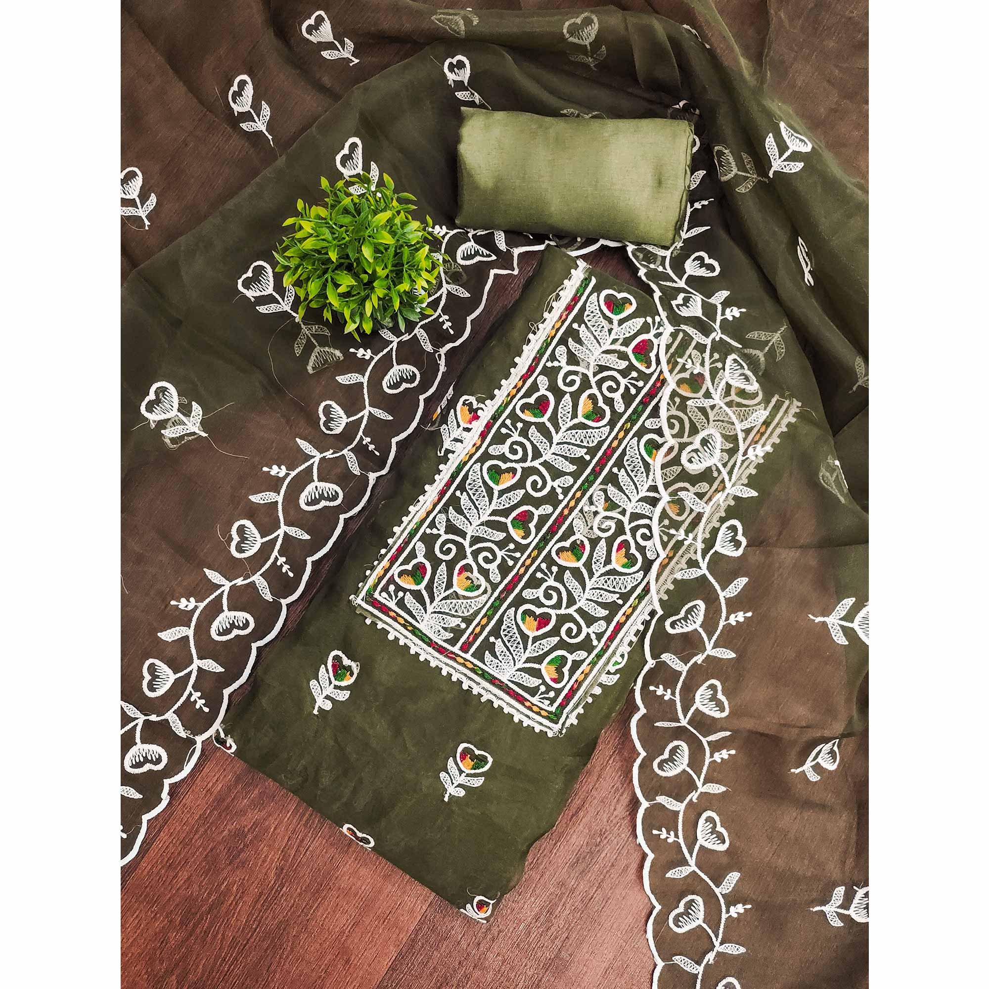 Mehendi Green Organza Dress Material With Intricate Floral Embroidery Work