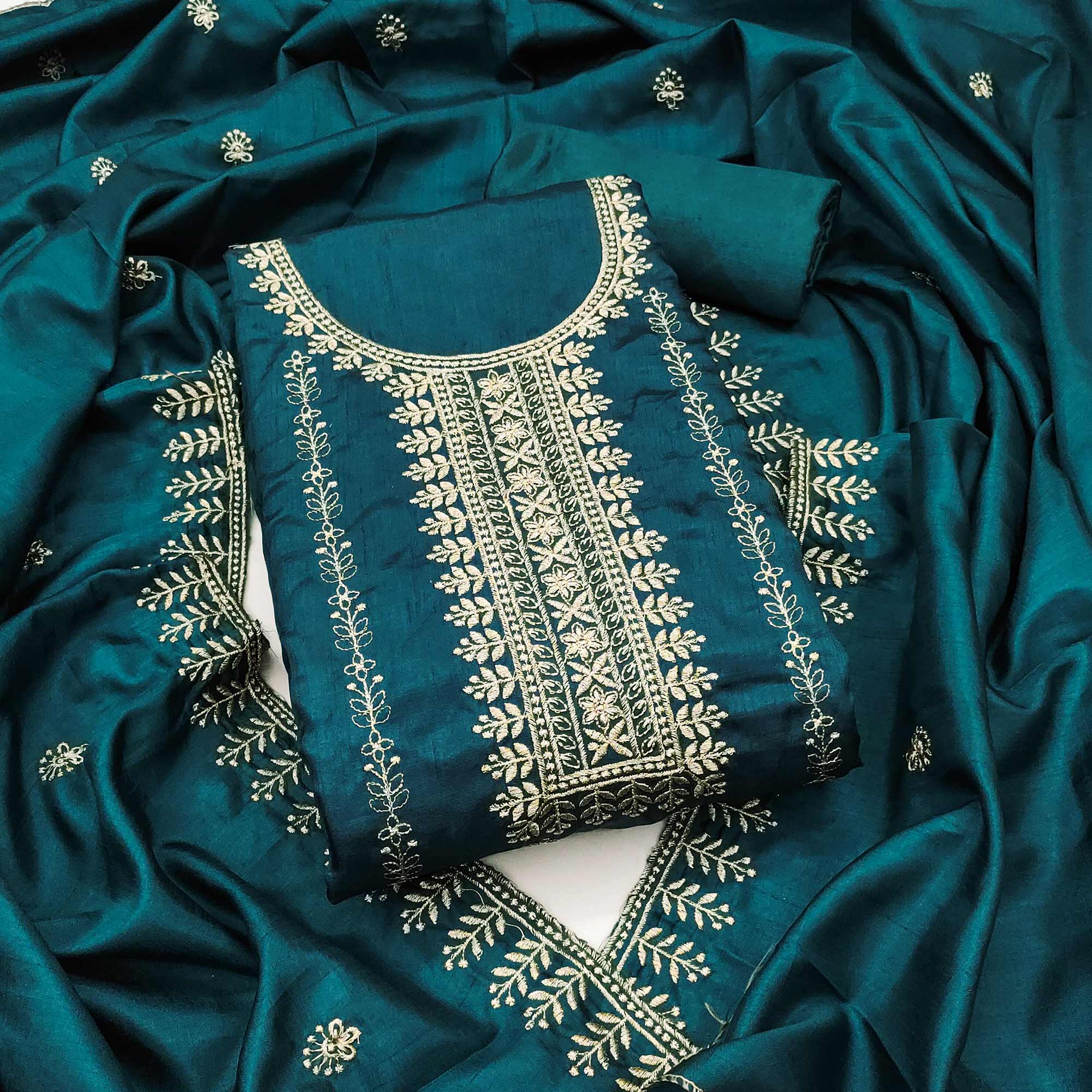 Morpich Blue Cotton Blend Dress Material with Delicate Floral Zari Embroidery