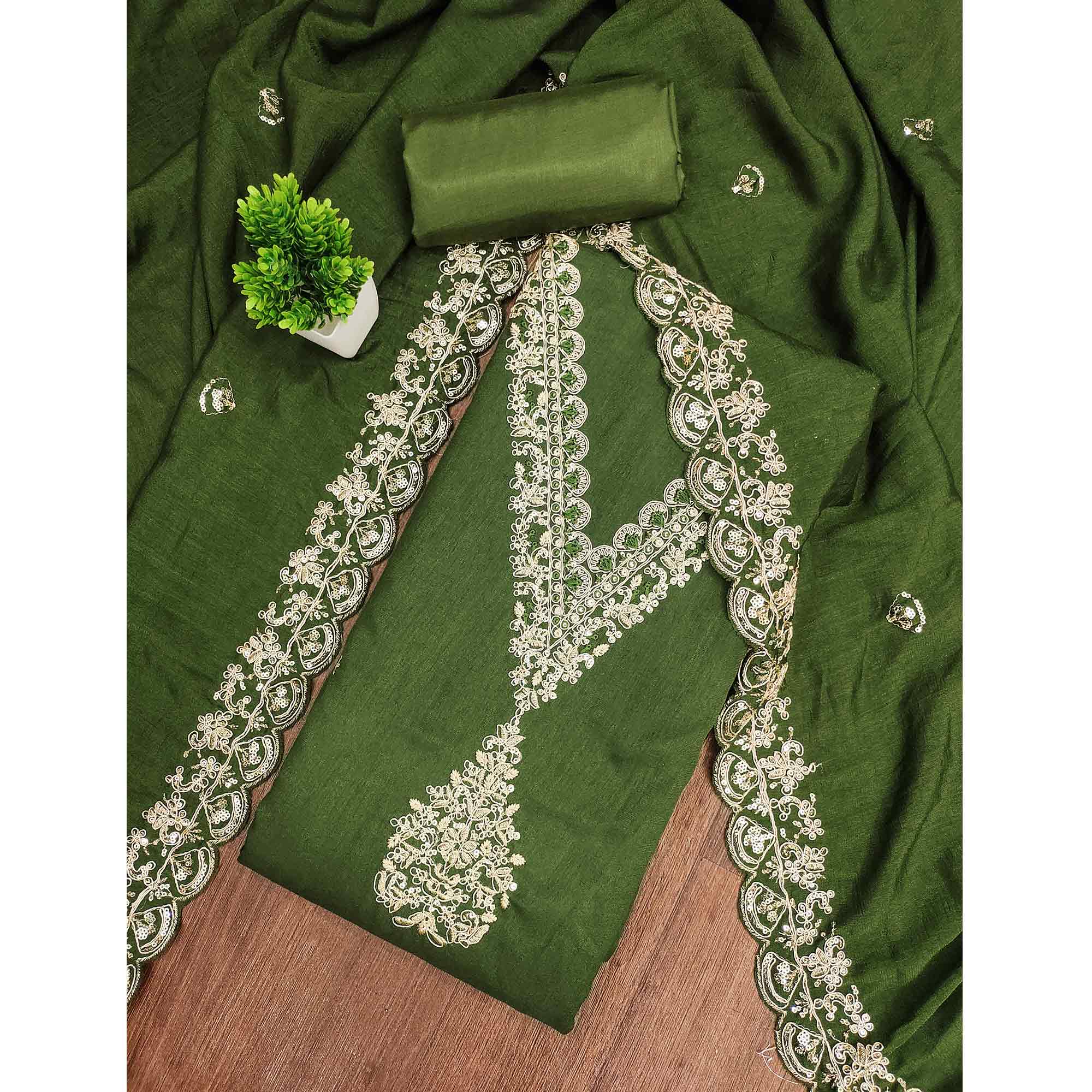 Green Vichitra Silk Dress Material Adorned With Floral Cording Embroidery & Sparkling Sequins Work