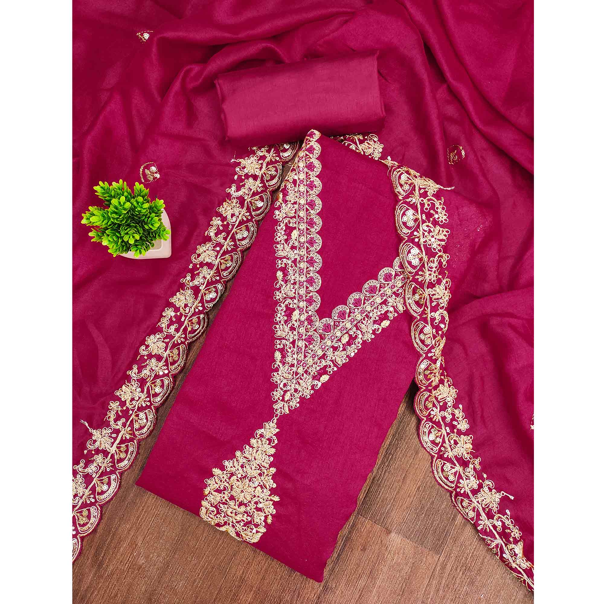 Pink Vichitra Silk Dress Material Adorned With Floral Cording Embroidery & Sparkling Sequins Work