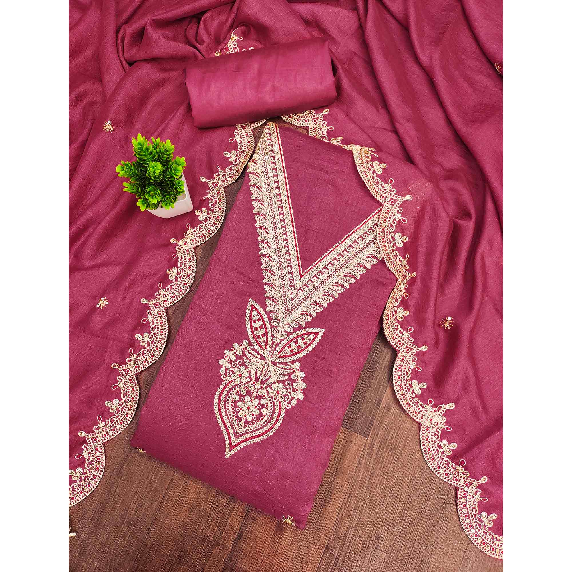 Pink Floral Embroidered Vichitra Silk Dress Material Enhanced With Detailed Cording & Sequins Work