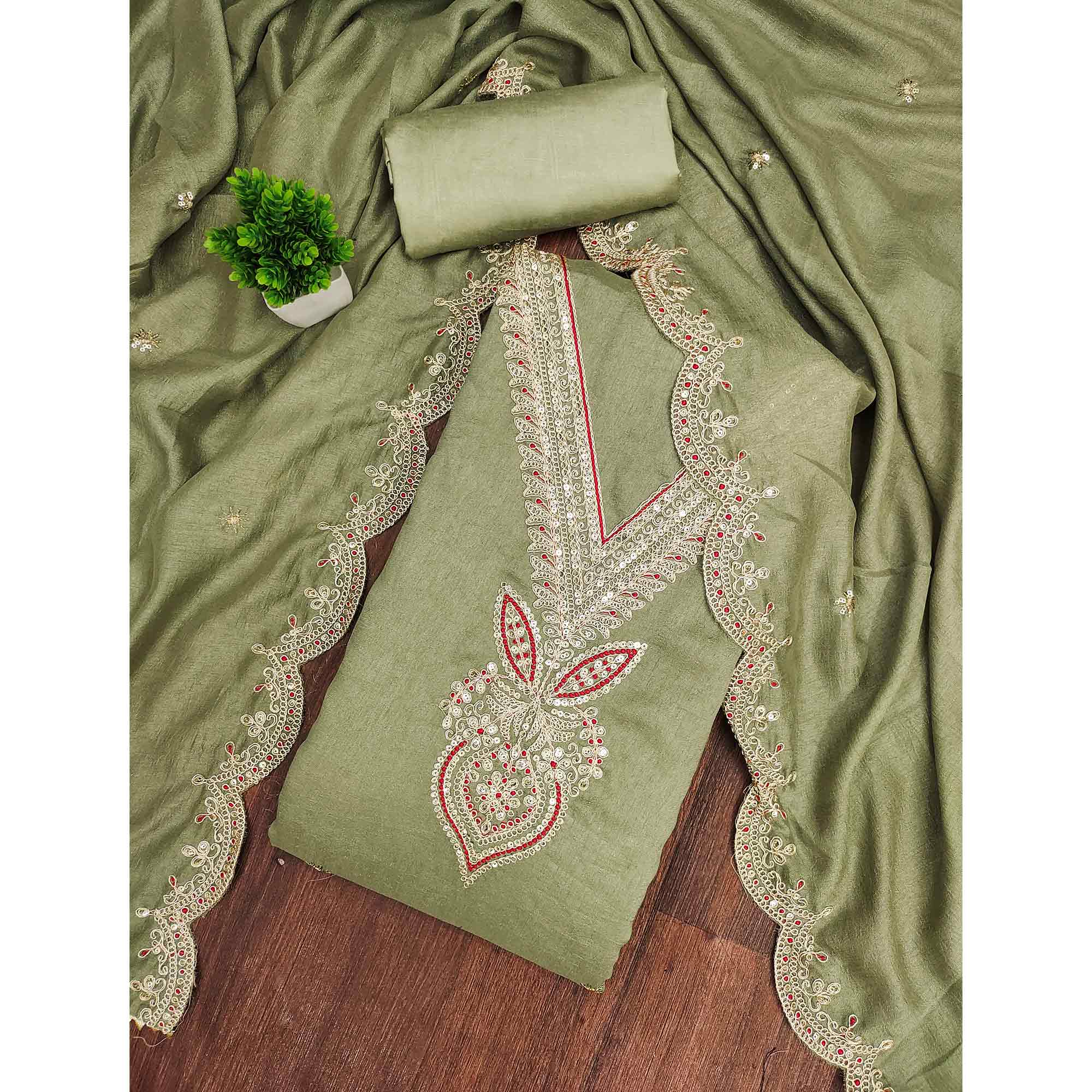 Green Floral Embroidered Vichitra Silk Dress Material Enhanced With Detailed Cording & Sequins Work