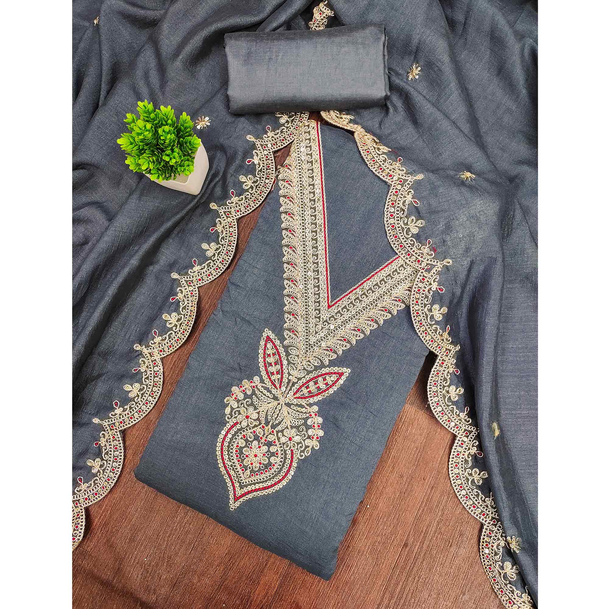 Grey Floral Embroidered Vichitra Silk Dress Material Enhanced With Detailed Cording & Sequins Work