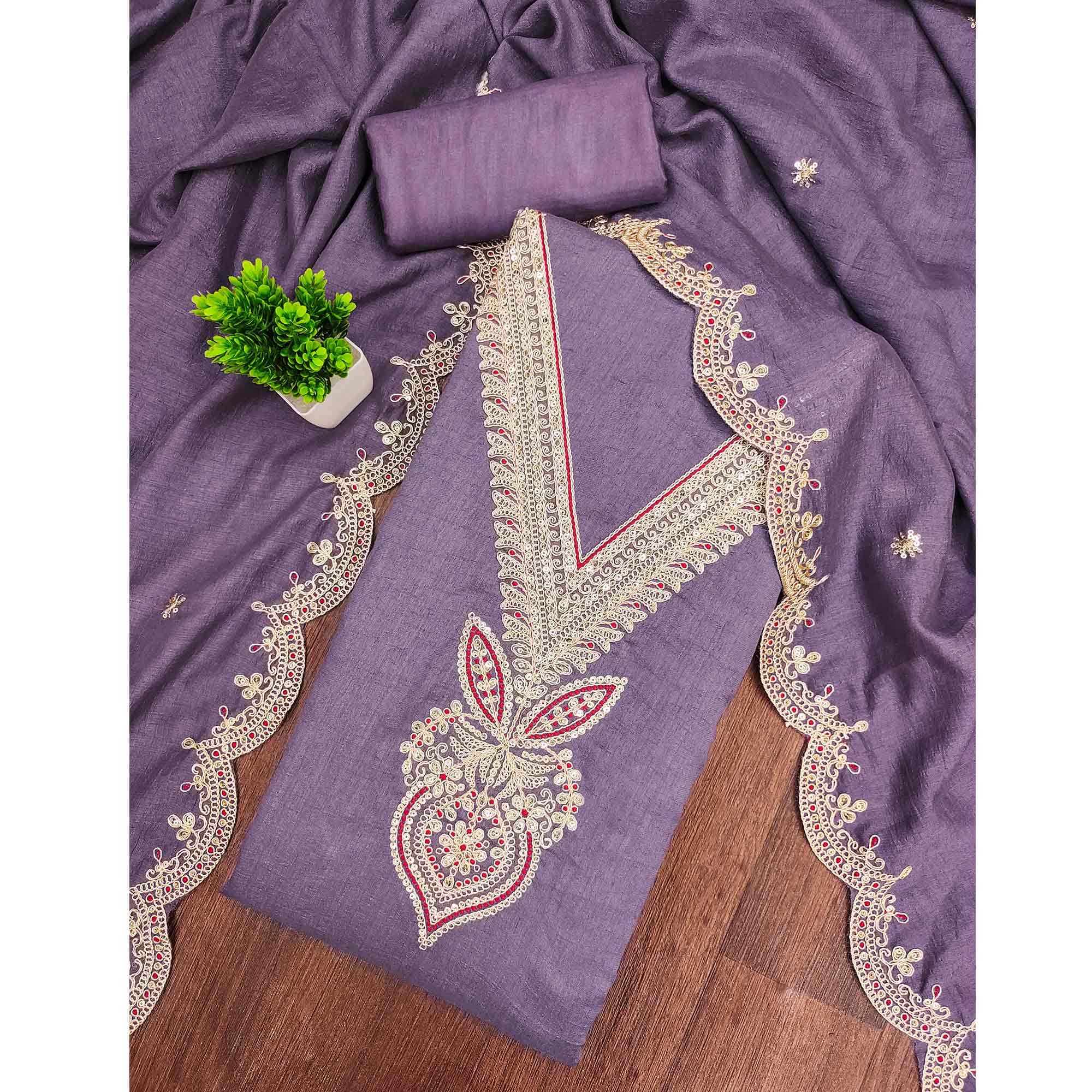 Purple Floral Embroidered Vichitra Silk Dress Material Enhanced With Detailed Cording & Sequins Work