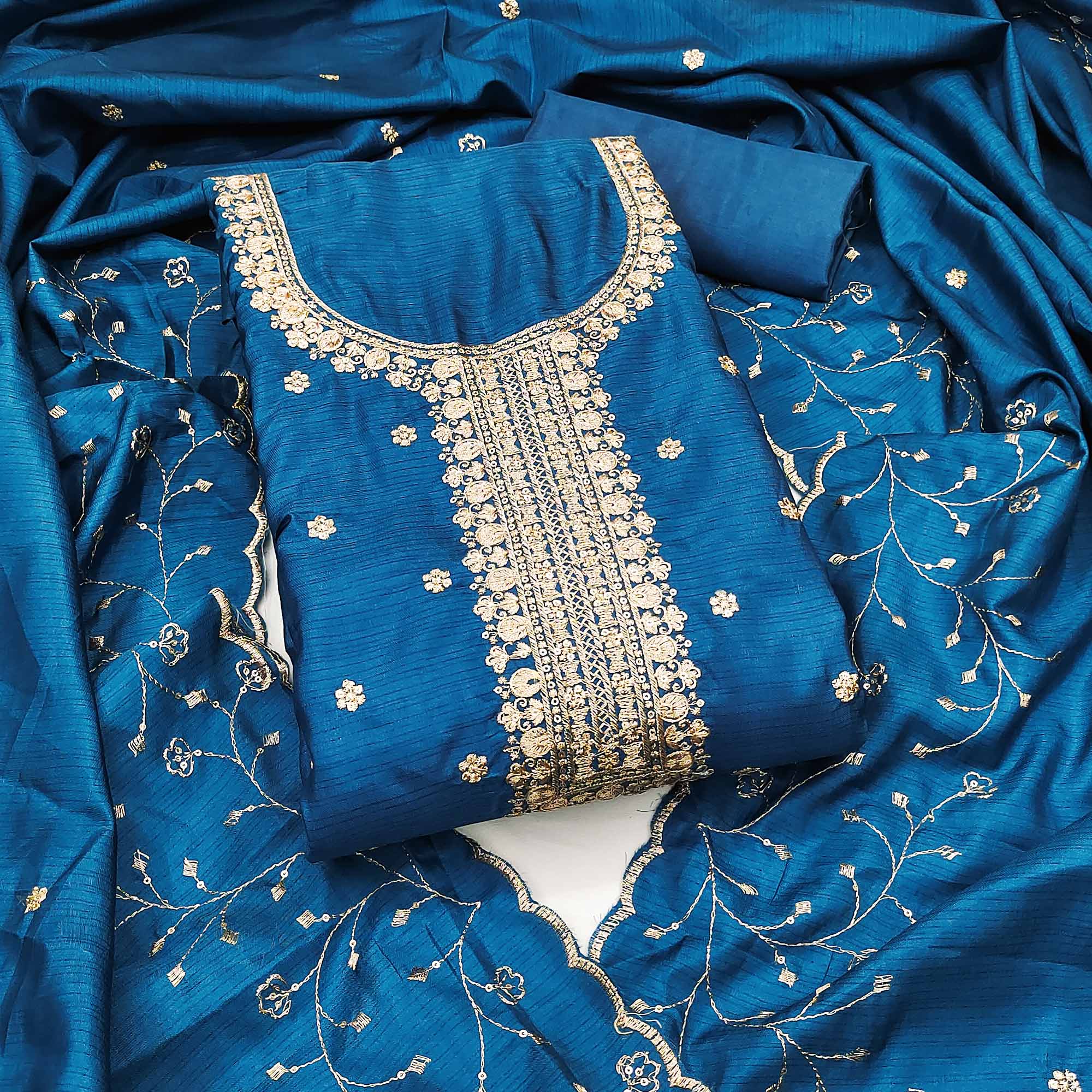 Blue Cotton Silk Unstitched Dress Material Featuring Delicate Jalpari Embroidery