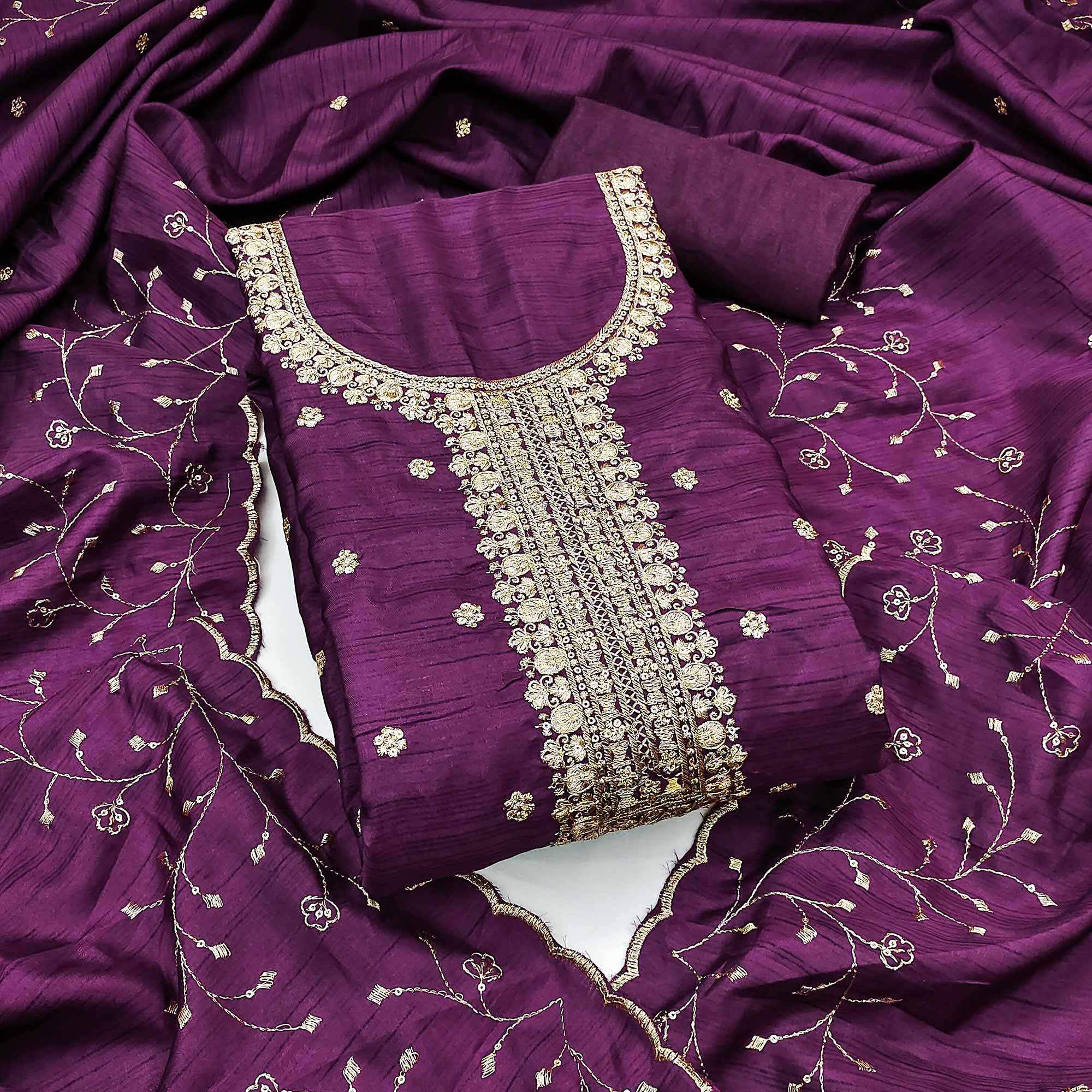 Dark Purple Cotton Silk Unstitched Dress Material Featuring Delicate Jalpari Embroidery