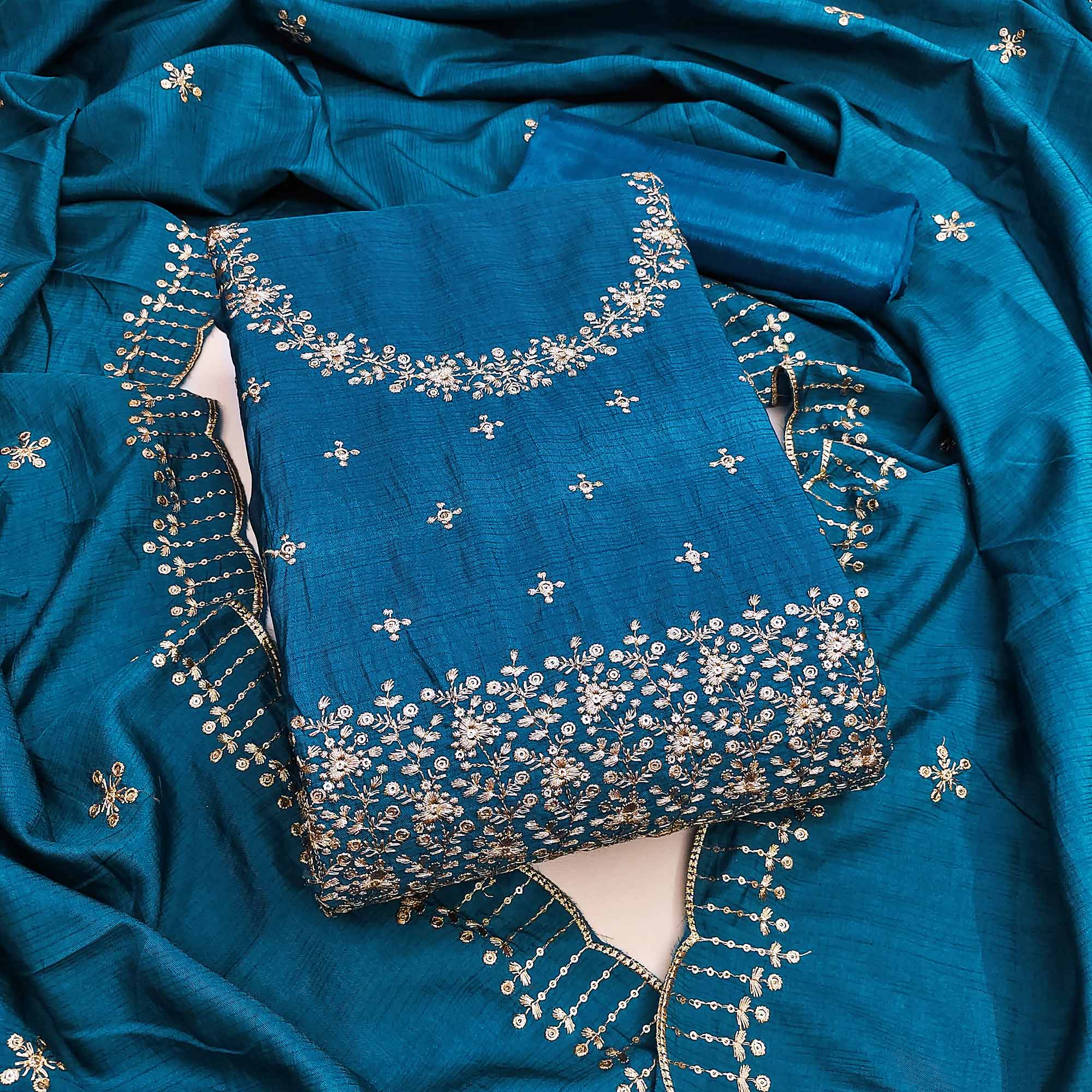 Blue Cotton Silk Dress Material with Traditional Jalpari Embroidery