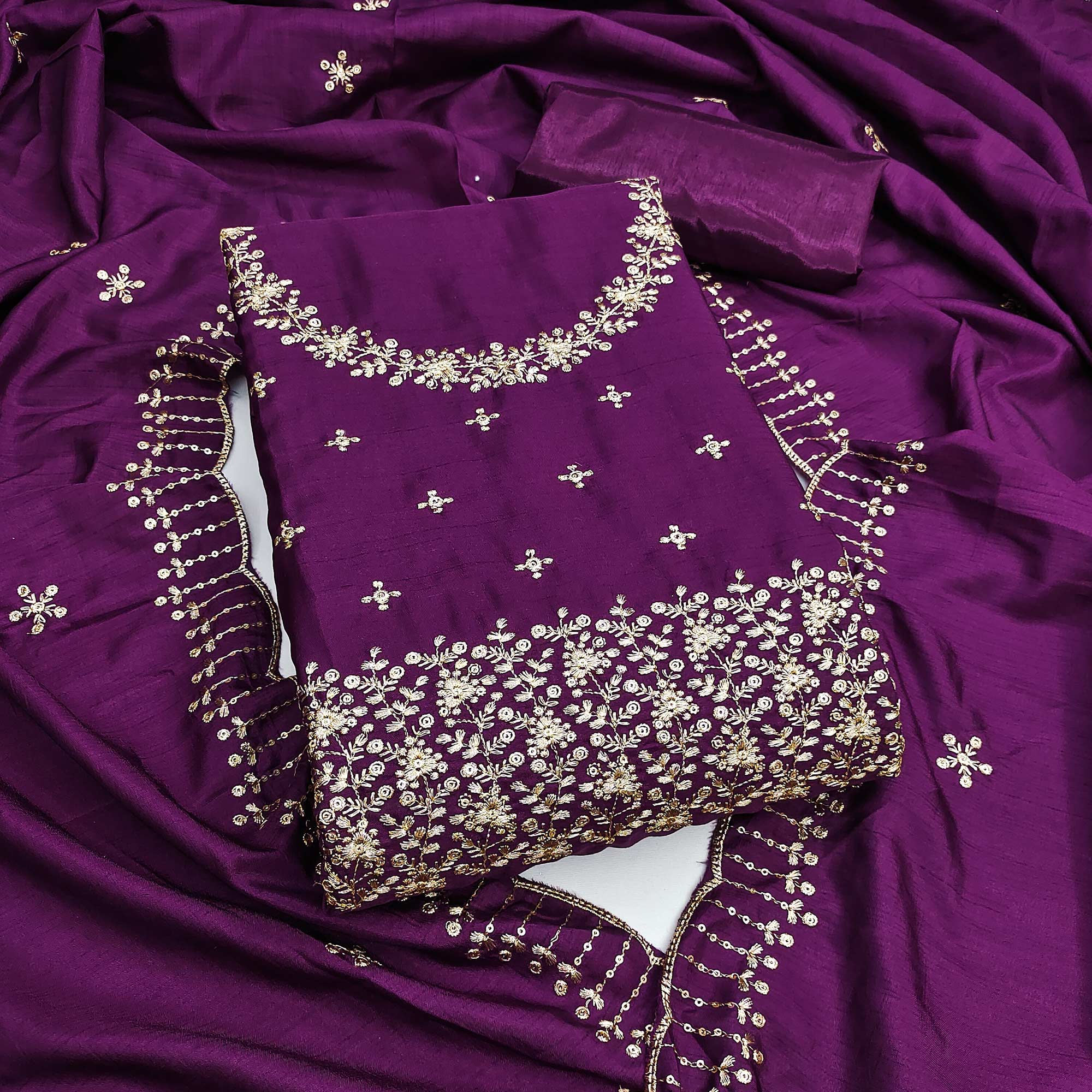 Purple Cotton Silk Dress Material with Traditional Jalpari Embroidery