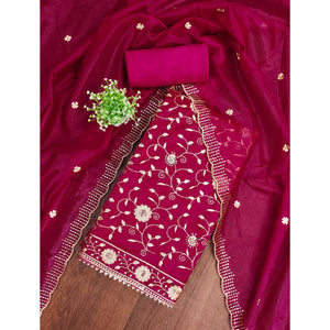 Pink Unstitched Suit Material with Fine Floral Embroidery on Sheer Twill Net