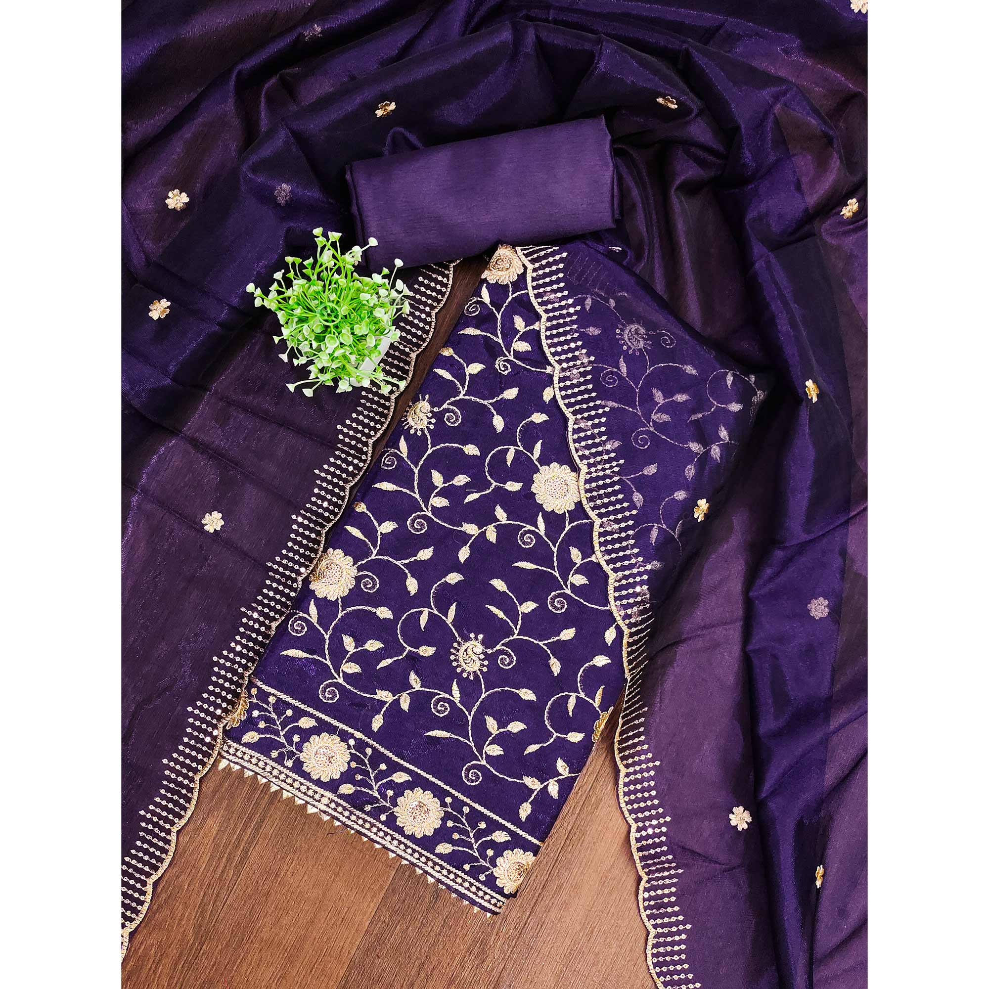 Royal Purple Unstitched Suit Material with Fine Floral Embroidery on Sheer Twill Net