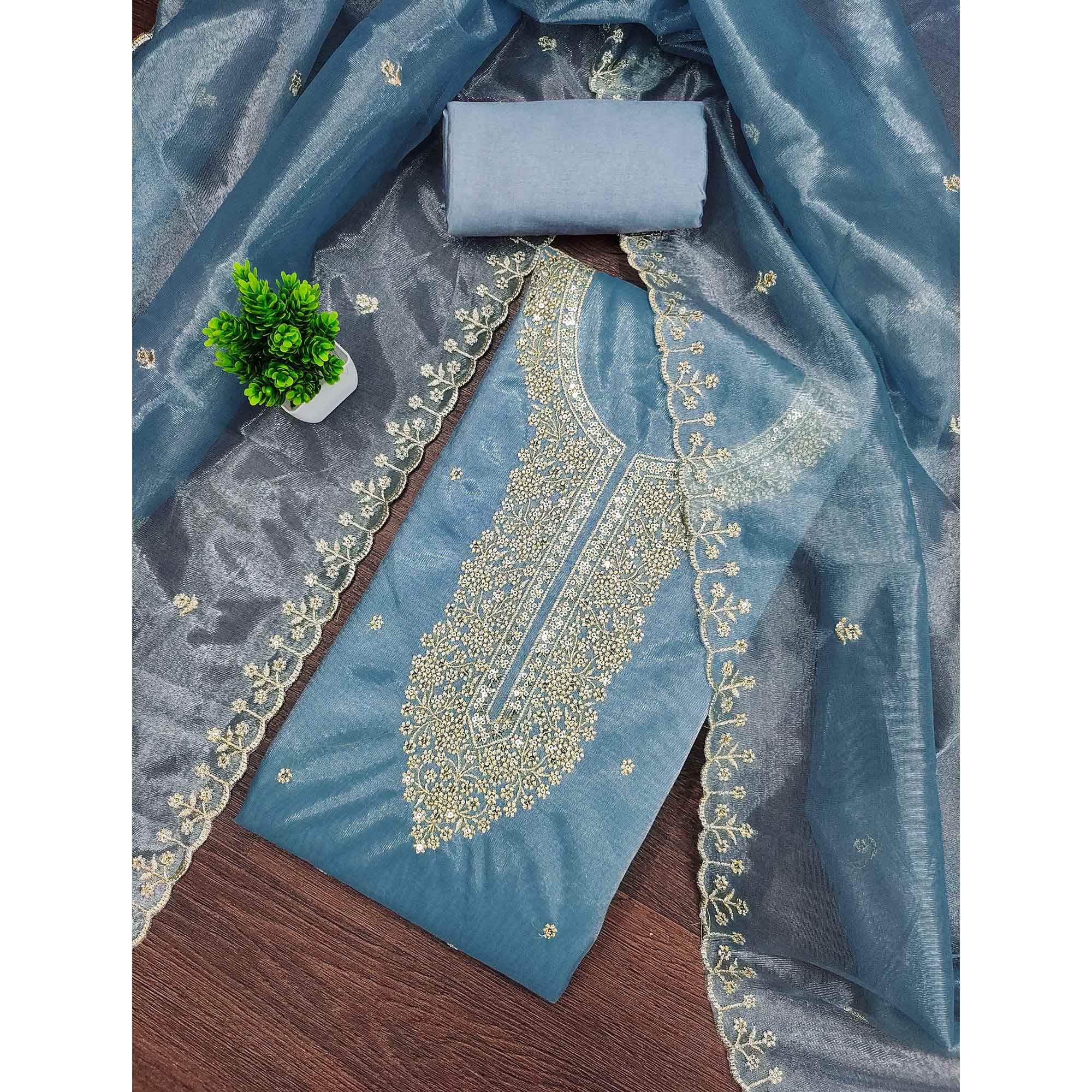 Blue Designer Suit Material in Sheer Twill Net with Thread Embroidered Patterns