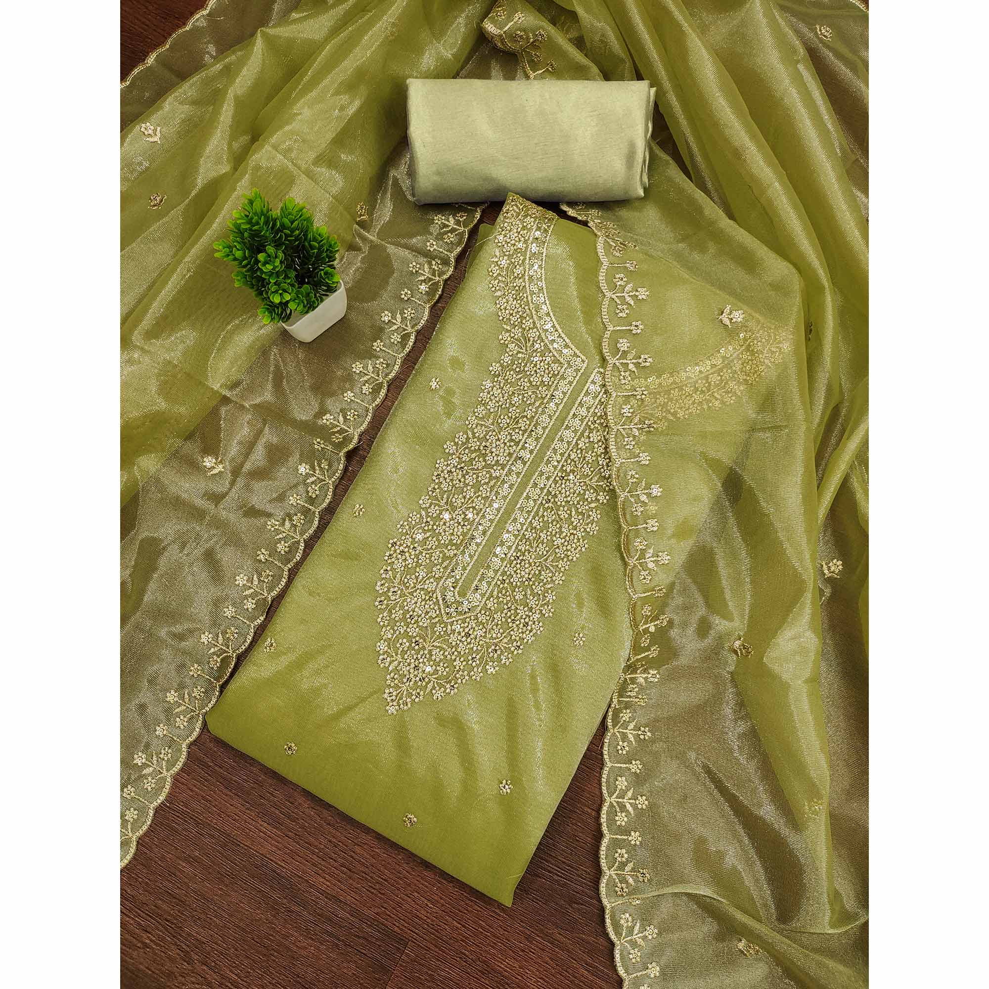 Green Designer Suit Material in Sheer Twill Net with Thread Embroidered Patterns