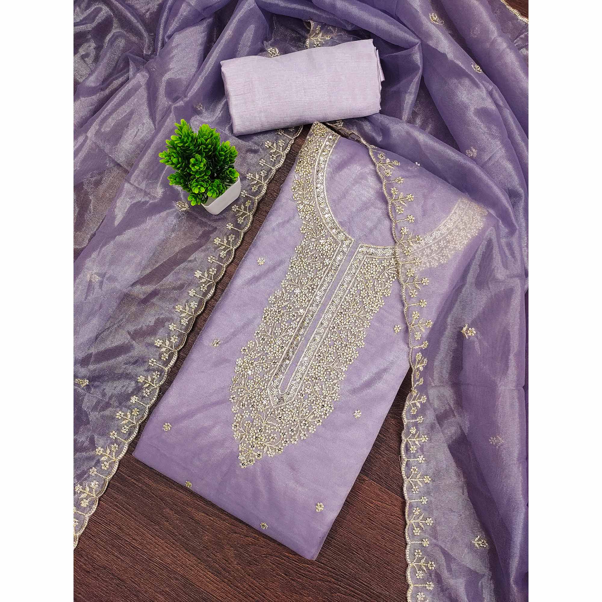 Lavender Designer Suit Material in Sheer Twill Net with Thread Embroidered Patterns