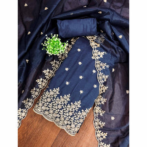 Blue Ethnic Twill Net Dress Material Embellished with Ornate Thread Embroidery