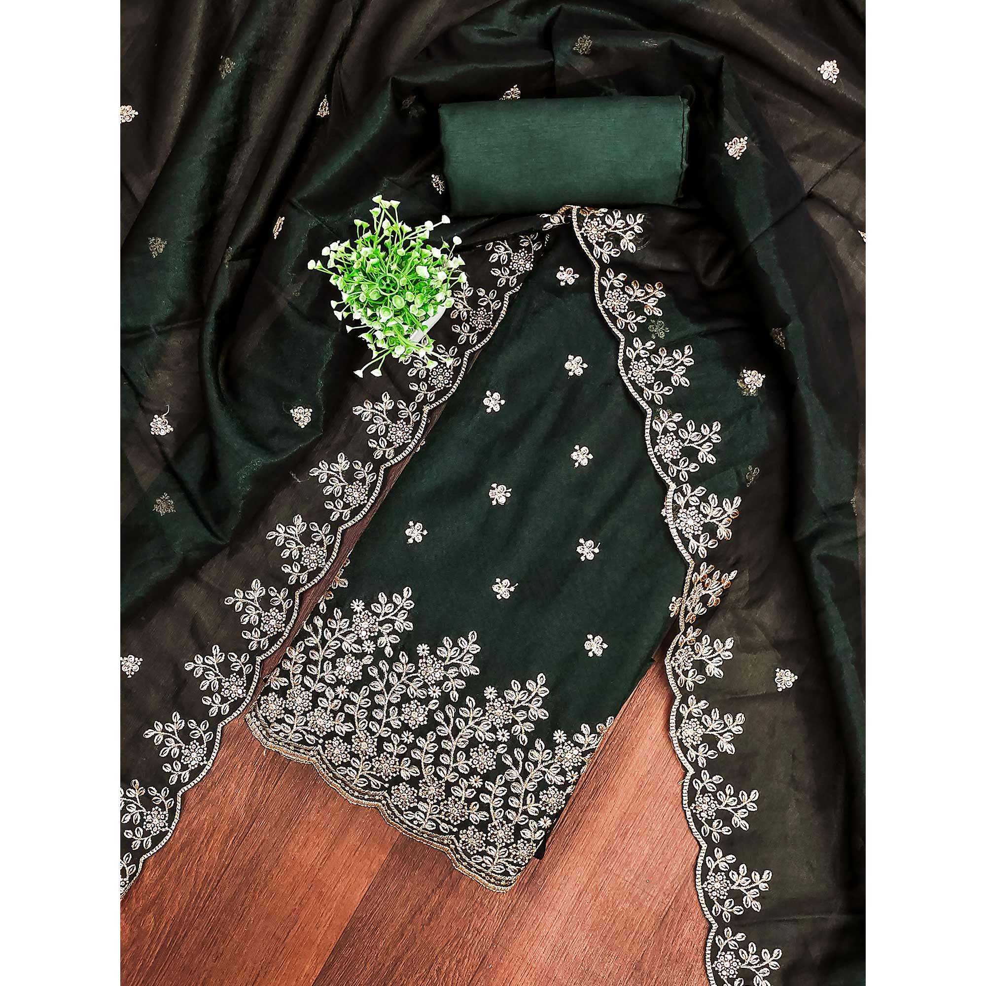 Bottle Green Ethnic Twill Net Dress Material Embellished with Ornate Thread Embroidery