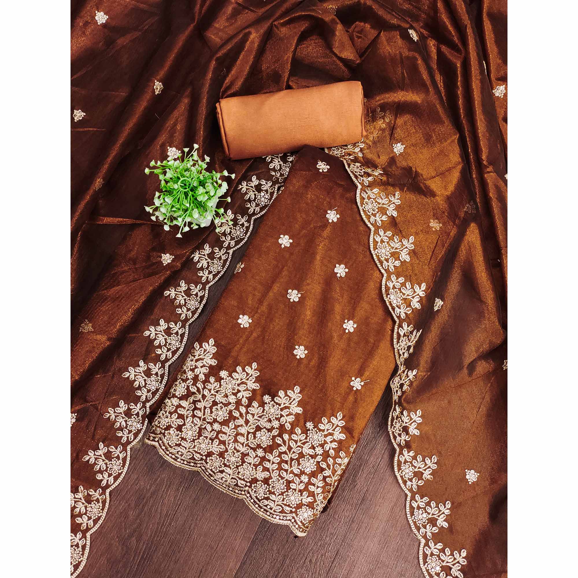 Brown Ethnic Twill Net Dress Material Embellished with Ornate Thread Embroidery