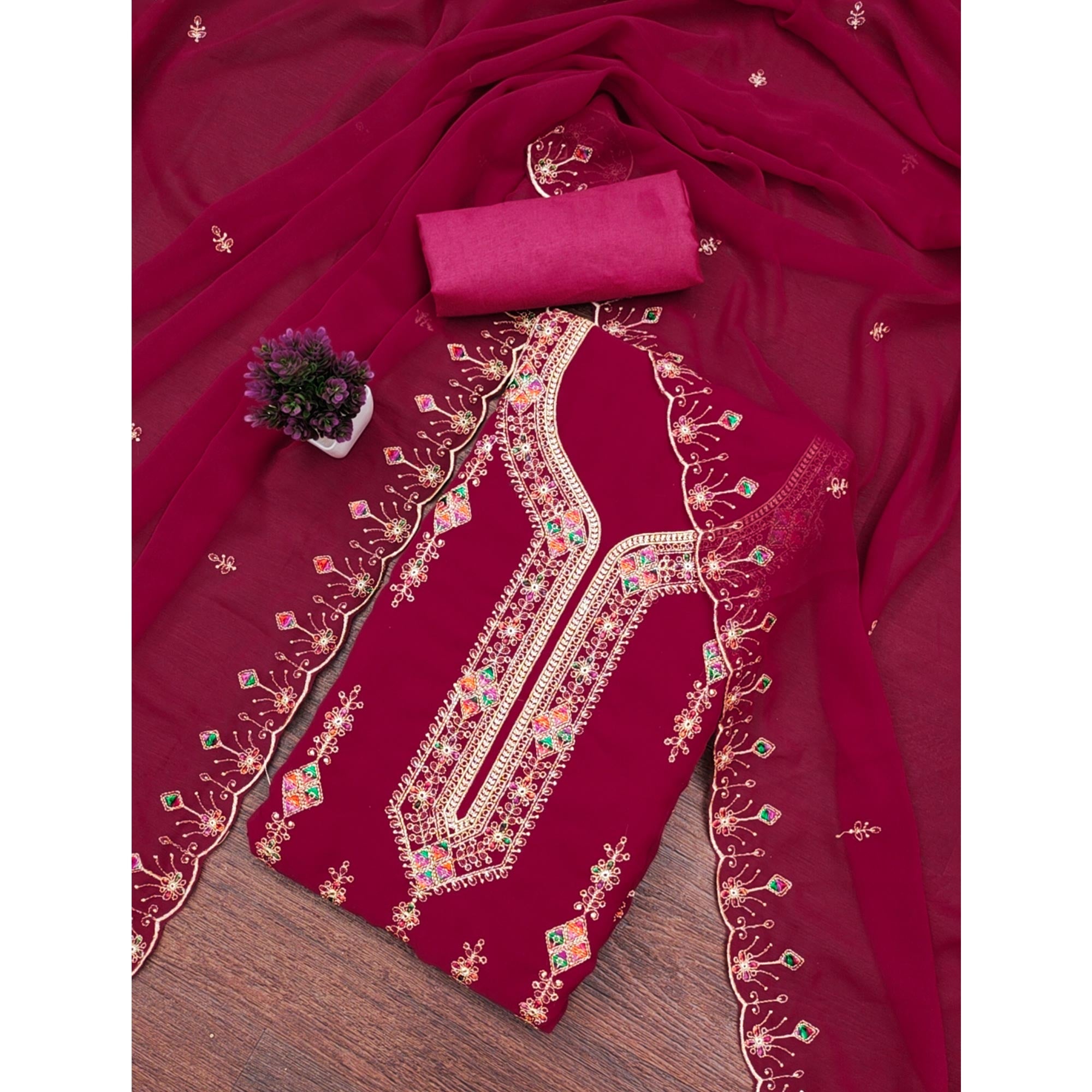 Pink Georgette Dress Material Enhanced With Graceful Floral Embroidery For An Elegant Ethnic Look