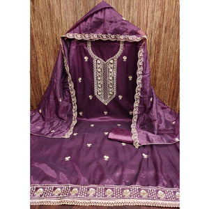 Wine Delight Floral  Embroidered Twill Net Dress Material