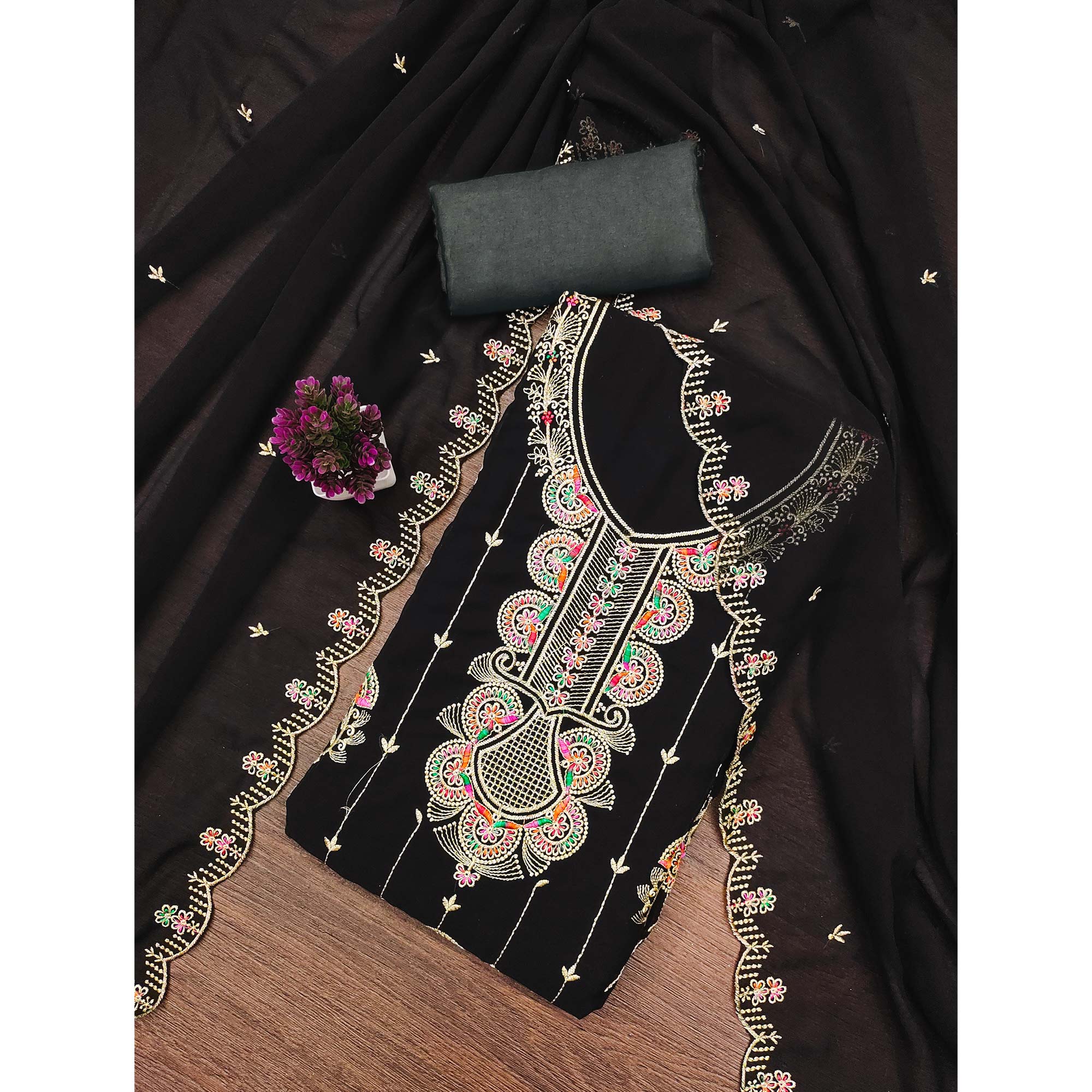 Black Floral Embroidered Unstitched Suit Fabric in Flowing Georgette