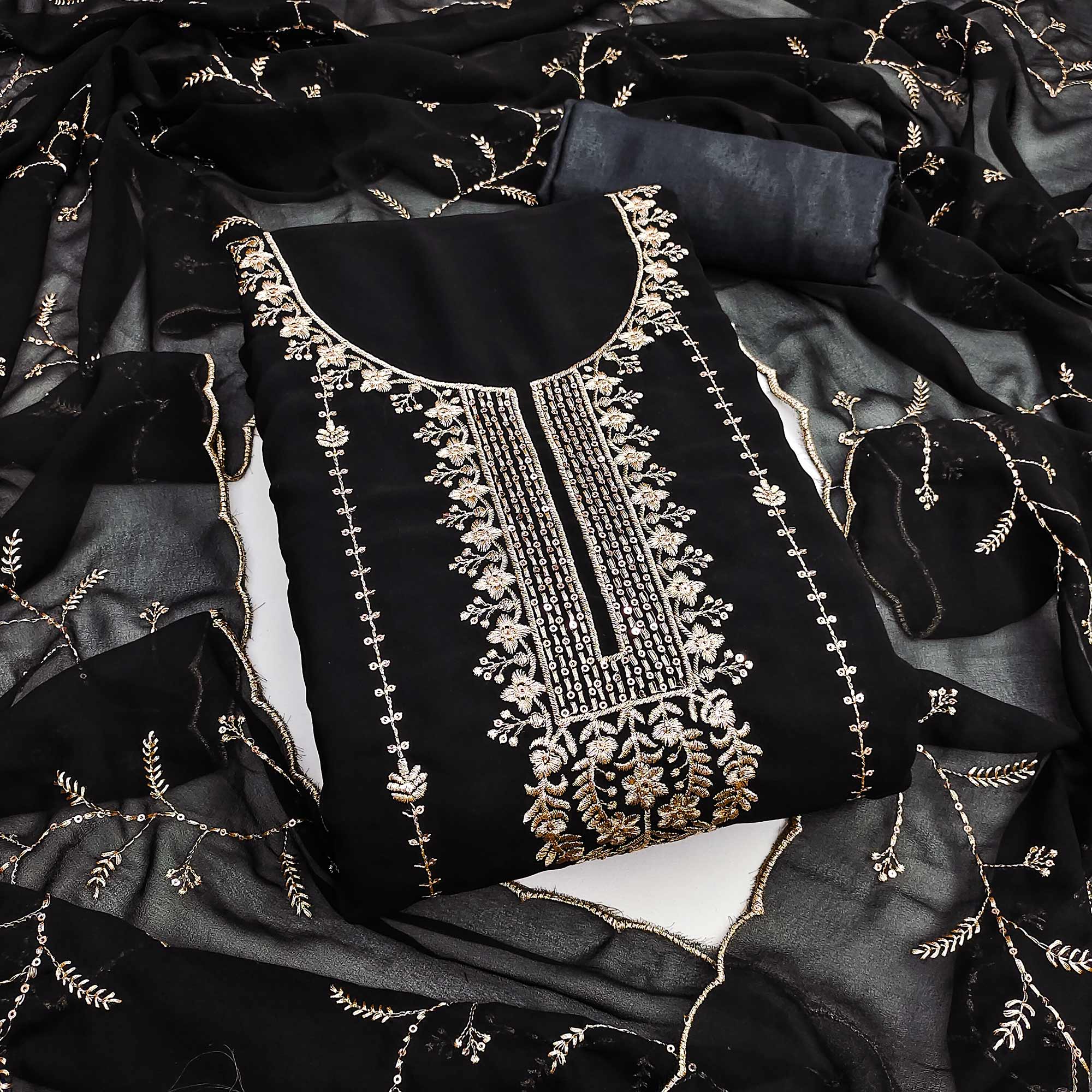 Black Georgette Unstitched Dress Material Adorned with Ornate Thread Embroidery