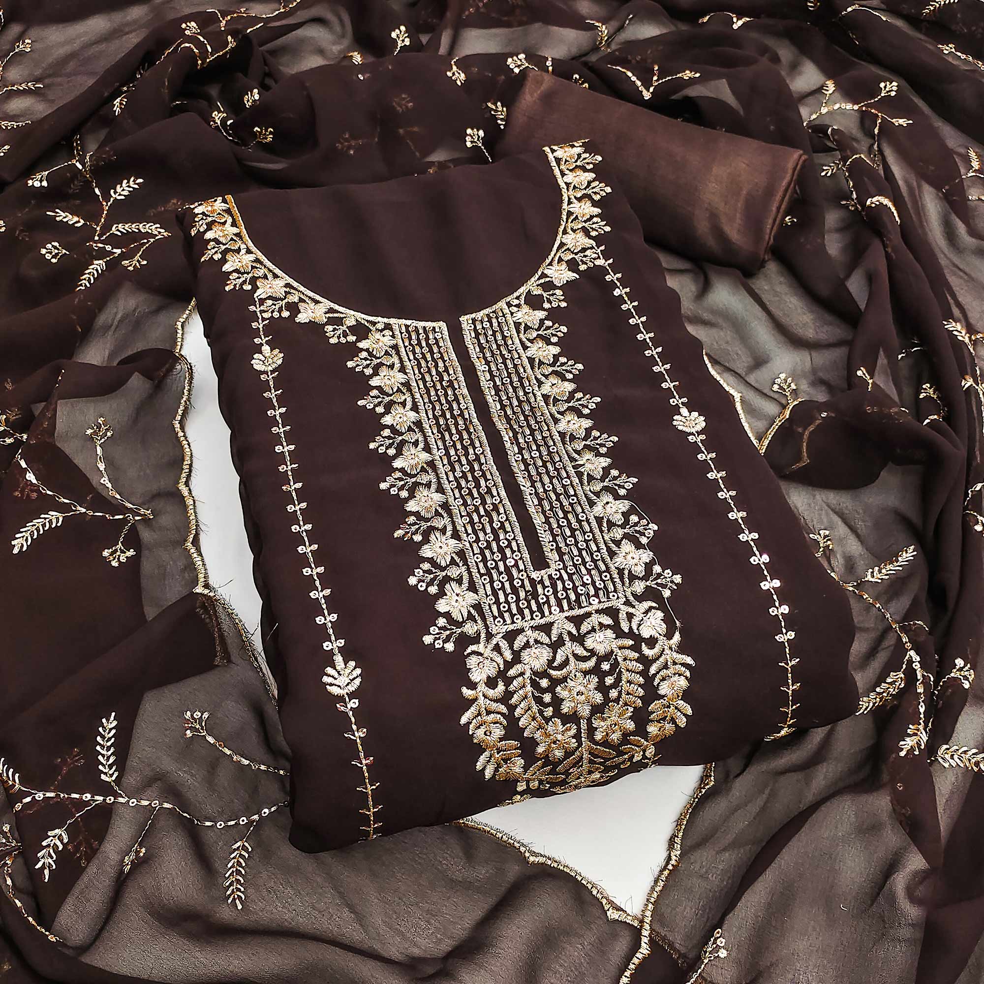 Coffee Brown Georgette Unstitched Dress Material Adorned with Ornate Thread Embroidery