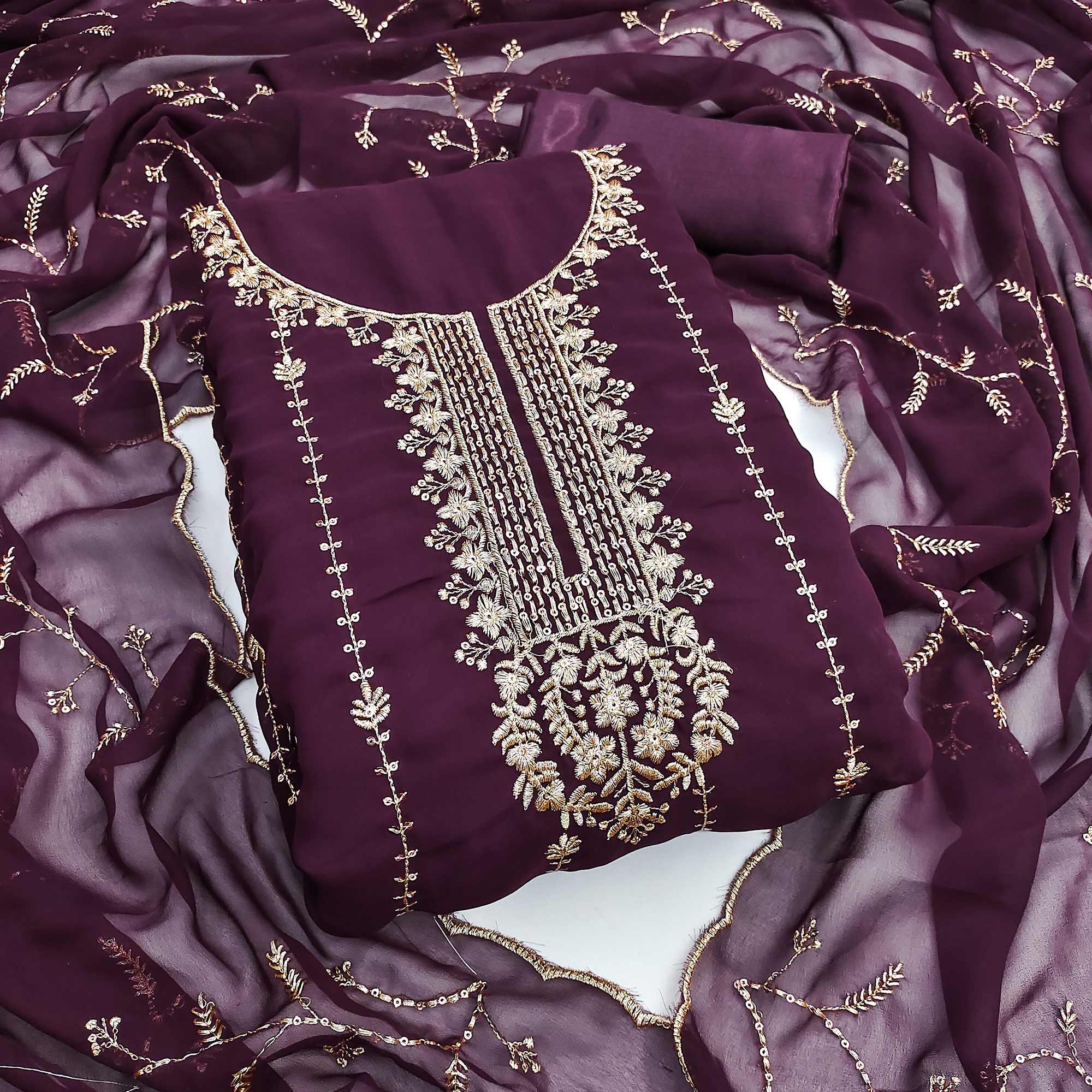 Wine Georgette Unstitched Dress Material Adorned with Ornate Thread Embroidery