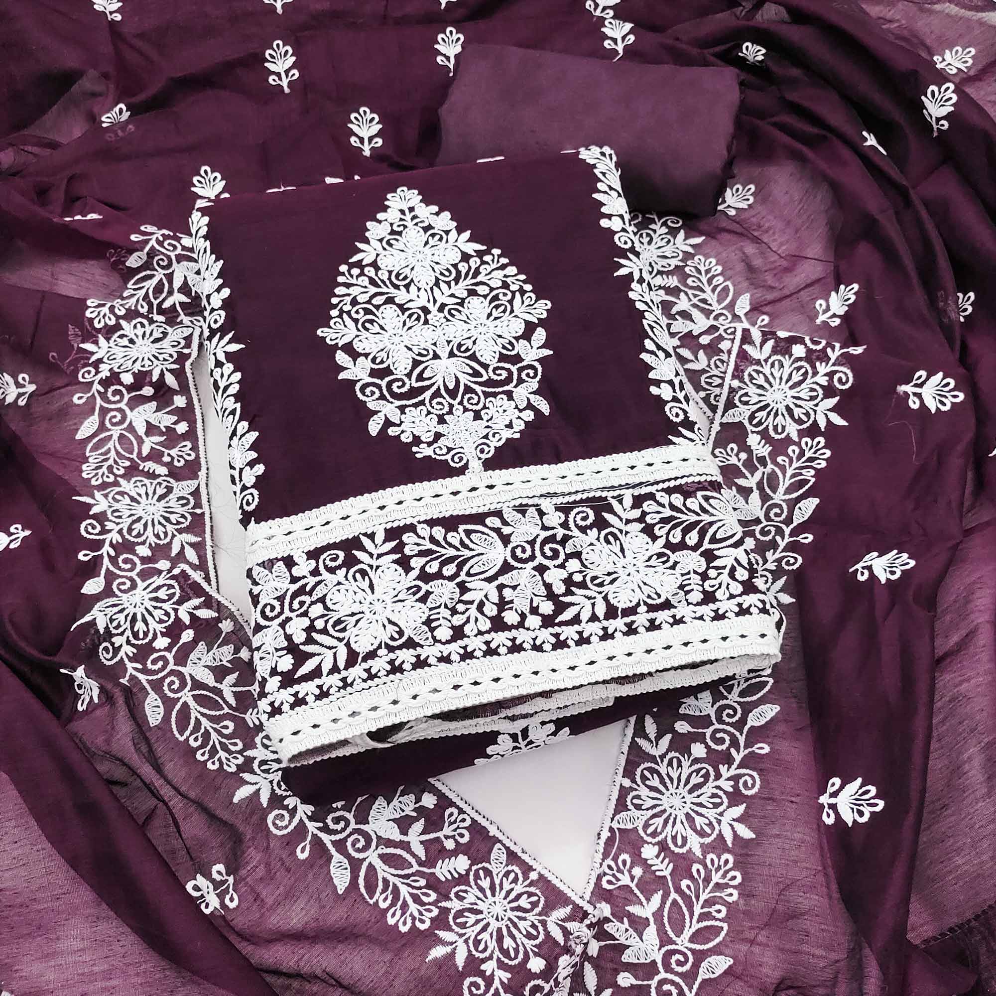 Wine Chanderi Cotton Dress Material With Graceful Floral Thread Embroidery
