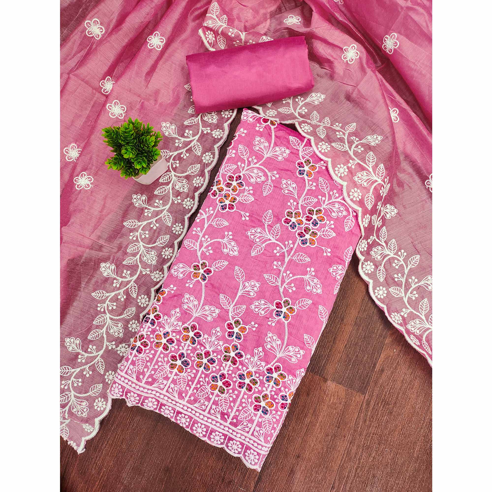 Pink Chanderi Cotton Dress Material Adorned With Elegant Floral Thread Embroidery Work