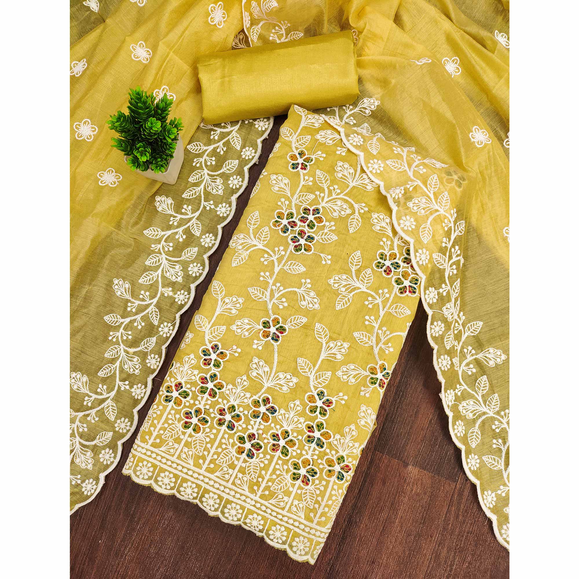 Yellow Chanderi Cotton Dress Material Adorned With Elegant Floral Thread Embroidery Work